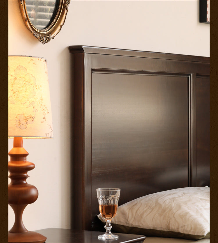Solid Poplar Wood Bed - Modern American Retro High Back Bed Frame for Bedroom, Guest Room & Master Suite