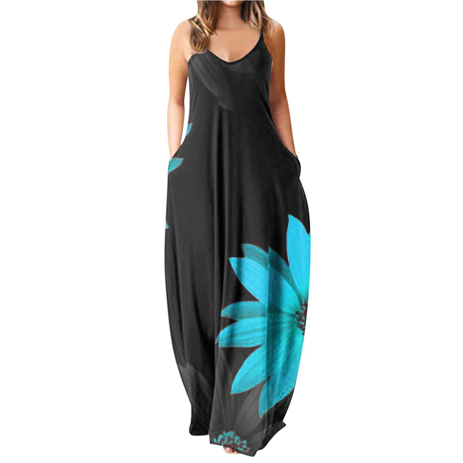 KUIOLYPOER Women's Sexy Summer Maxi Dress - Casual Sleeveless Boho Beach Dress with Loose Elastic Fit & Floral Print | Perfect for Vacations, Pool Parties & Outdoor Dates