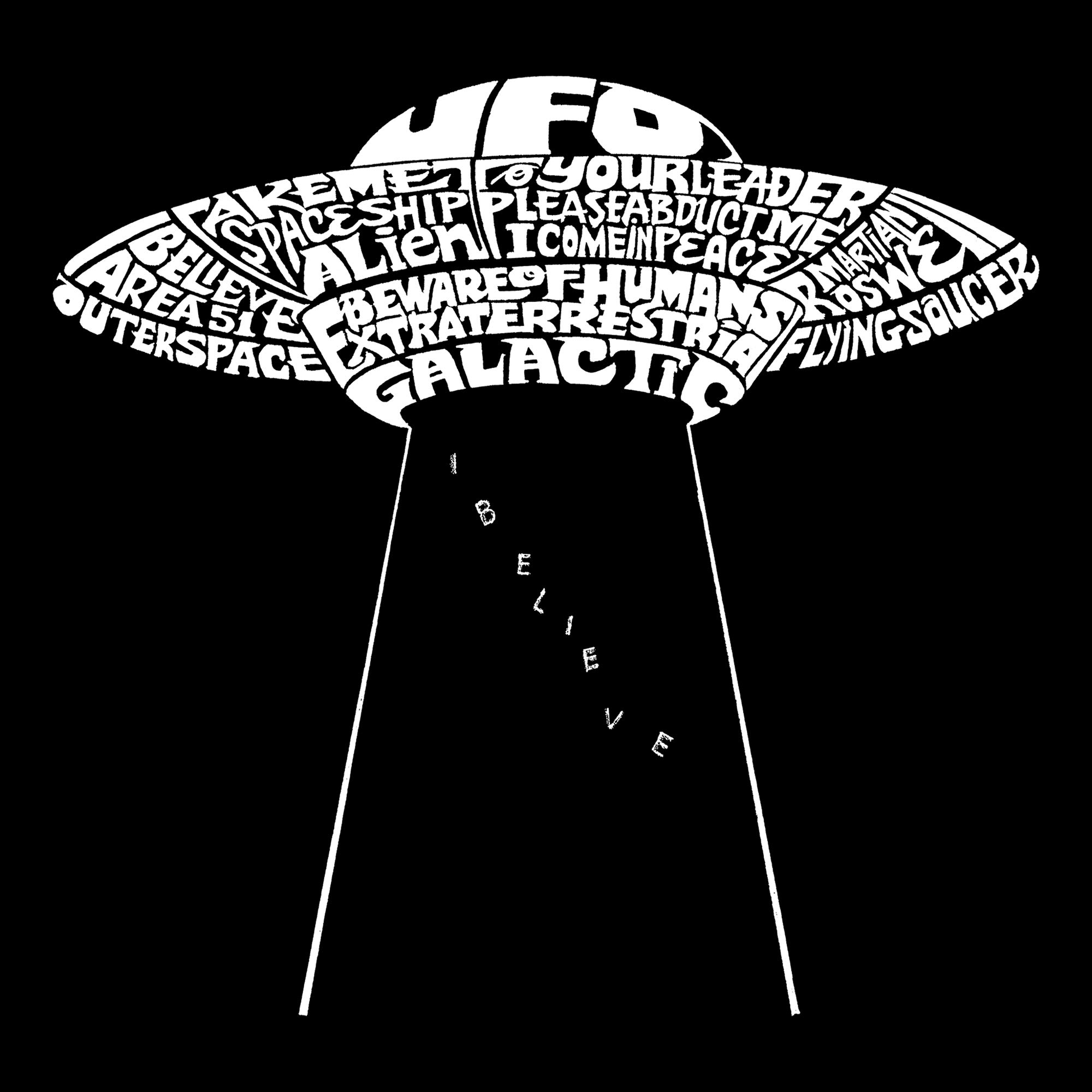 LA POP ART Men's Word Art T-Shirt - Flying Saucer UFO Design | Vintage Sci-Fi Graphic Tee for Casual Wear & UFO Enthusiasts
