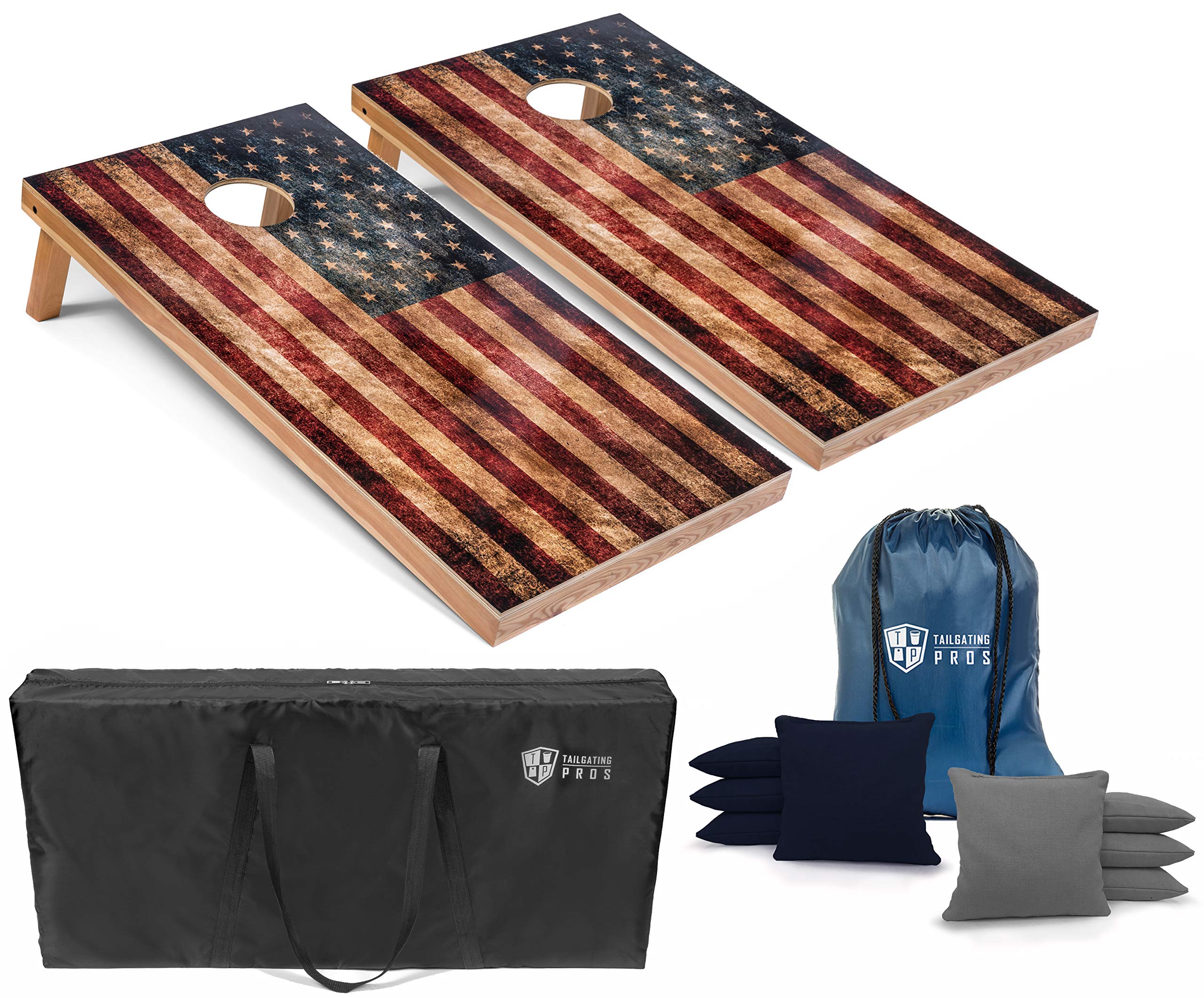 Tournament Grade 4'x2' Rustic American Flag Cornhole Boards Set with 8 Bean Bags & Carrying Case - Premium Distressed Wooden Cornhole Game for Backyard, Tailgate Parties, BBQ Gatherings & Outdoor Events