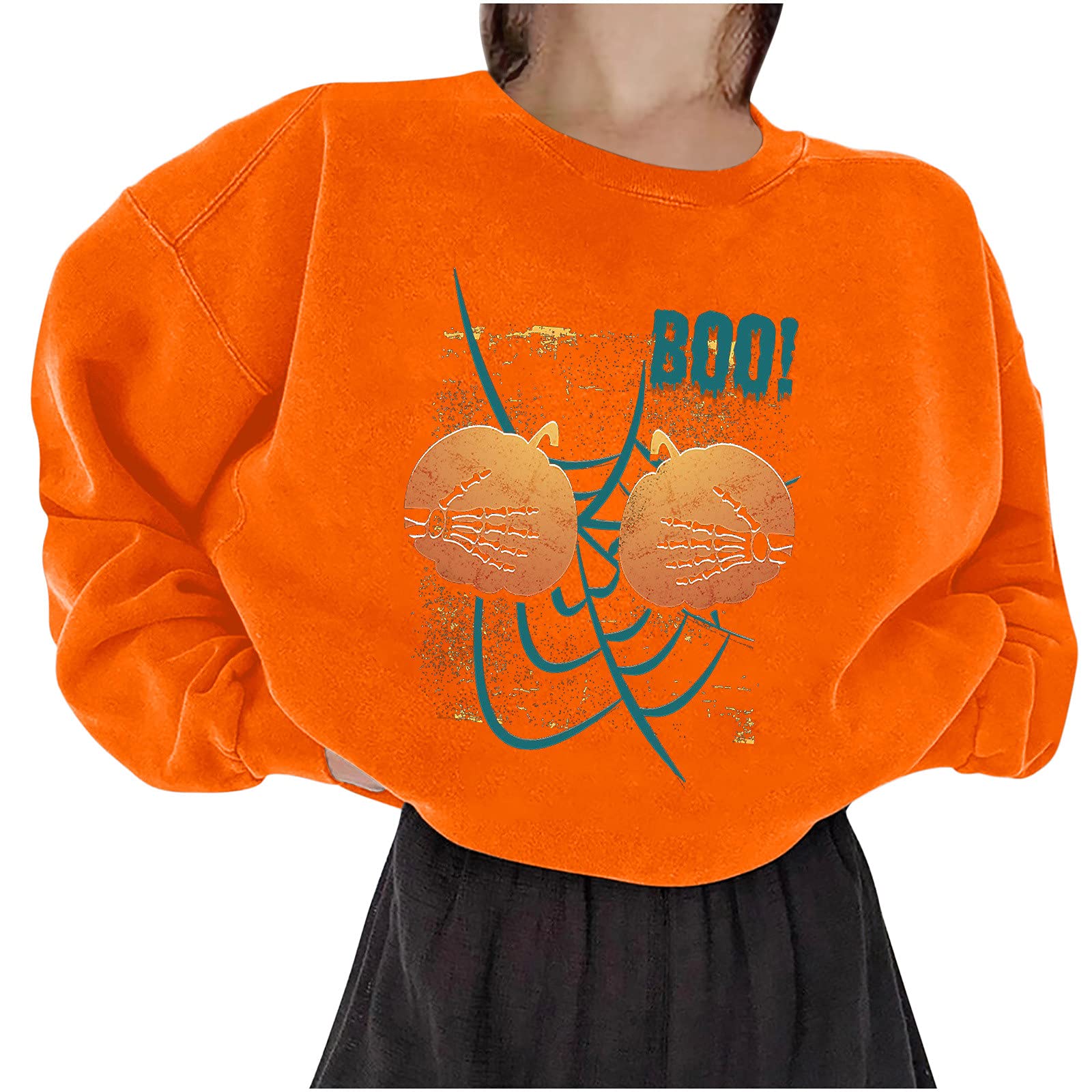 Women's Halloween Sweater - Cute Pumpkin Print Long Sleeve Loose Fit Crewneck T-Shirt | Cozy Fall Outfit for Parties, Trick or Treat & Family Gatherings