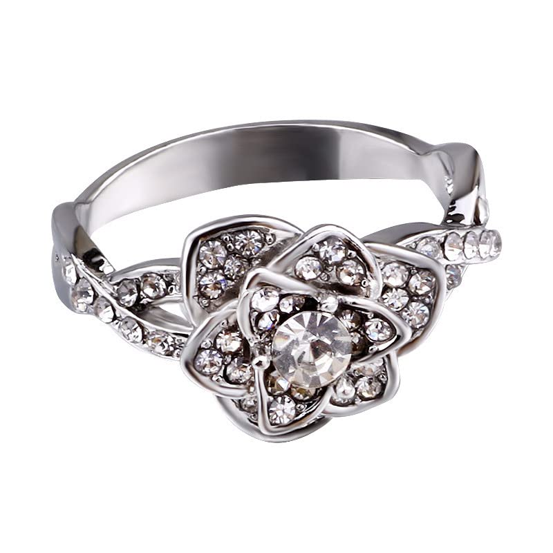 NP Rose Ring CZ Simulated Diamond Ring in Rose Gold & Silver - Elegant Flower Jewelry for Women (Size 11) | Perfect for Weddings, Anniversaries & Romantic Gifts
