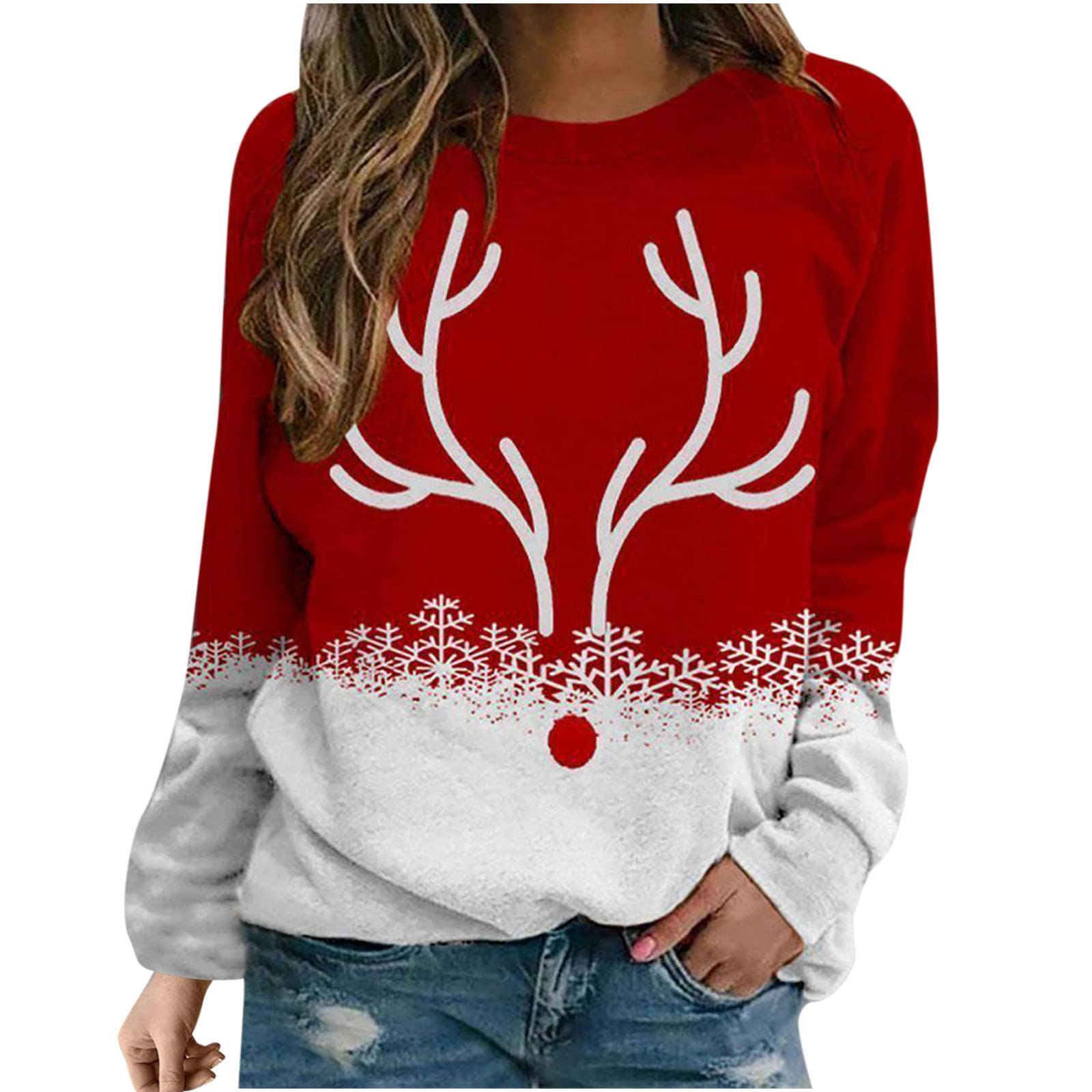 Women's Christmas Printed Long Sleeve T-Shirt - Cute Holiday Pullover Sweatshirt, Loose Fit Crewneck Casual Top for Winter Comfort | Perfect for Xmas Parties, Family Gatherings & Cozy Seasonal Outfits