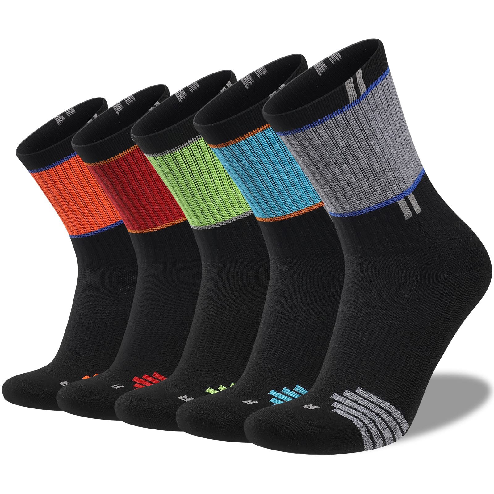 COOPLUS Men's Hiking Socks 5-Pack - Breathable Cushioned Athletic Crew Socks for Trekking & Outdoor Activities - Moisture-Wicking Performance Socks for Hiking, Camping & Daily Wear