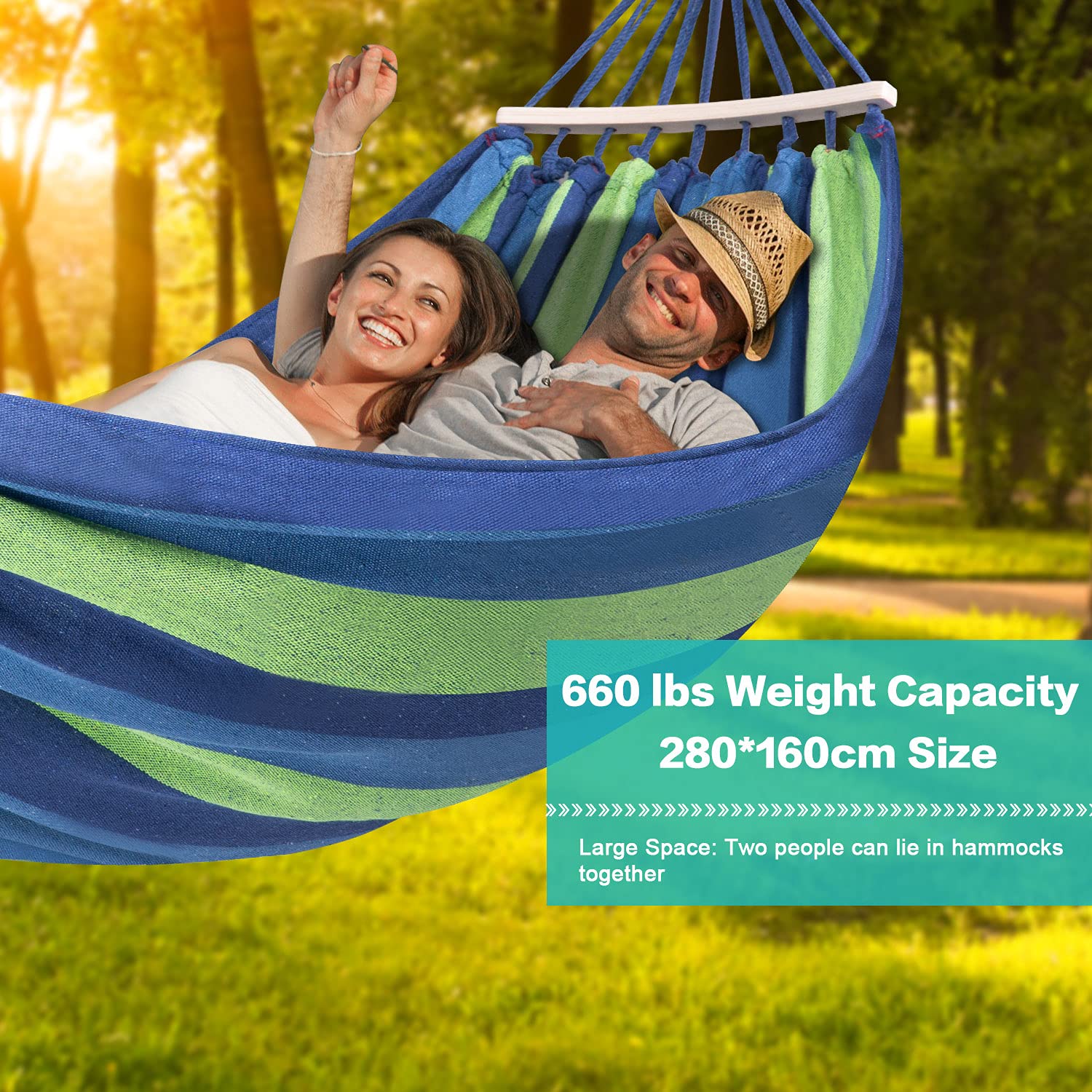 Premium Cotton Canvas Camping Hammock with Heavy-Duty Tree Straps & Spreader Bar - Portable Outdoor Swing Bed for Backyard, Beach, Porch & Balcony - Supports 280kg (Blue, Large) - Perfect for Relaxation, Travel & Adventure