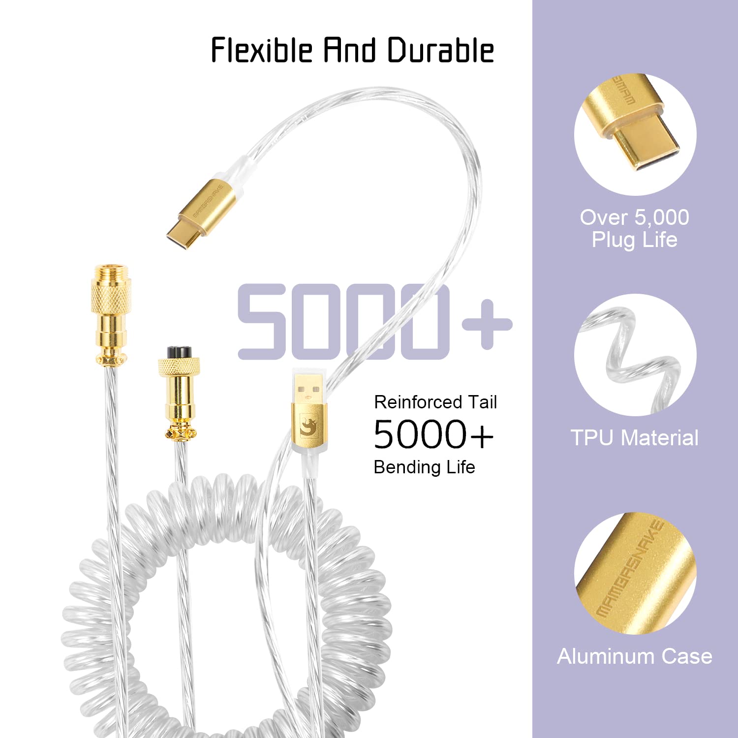 XINMENG C02 Coiled USB-C Keyboard Cable - Detachable Aviator Connector for Gaming Keyboard & Laptop - Clear