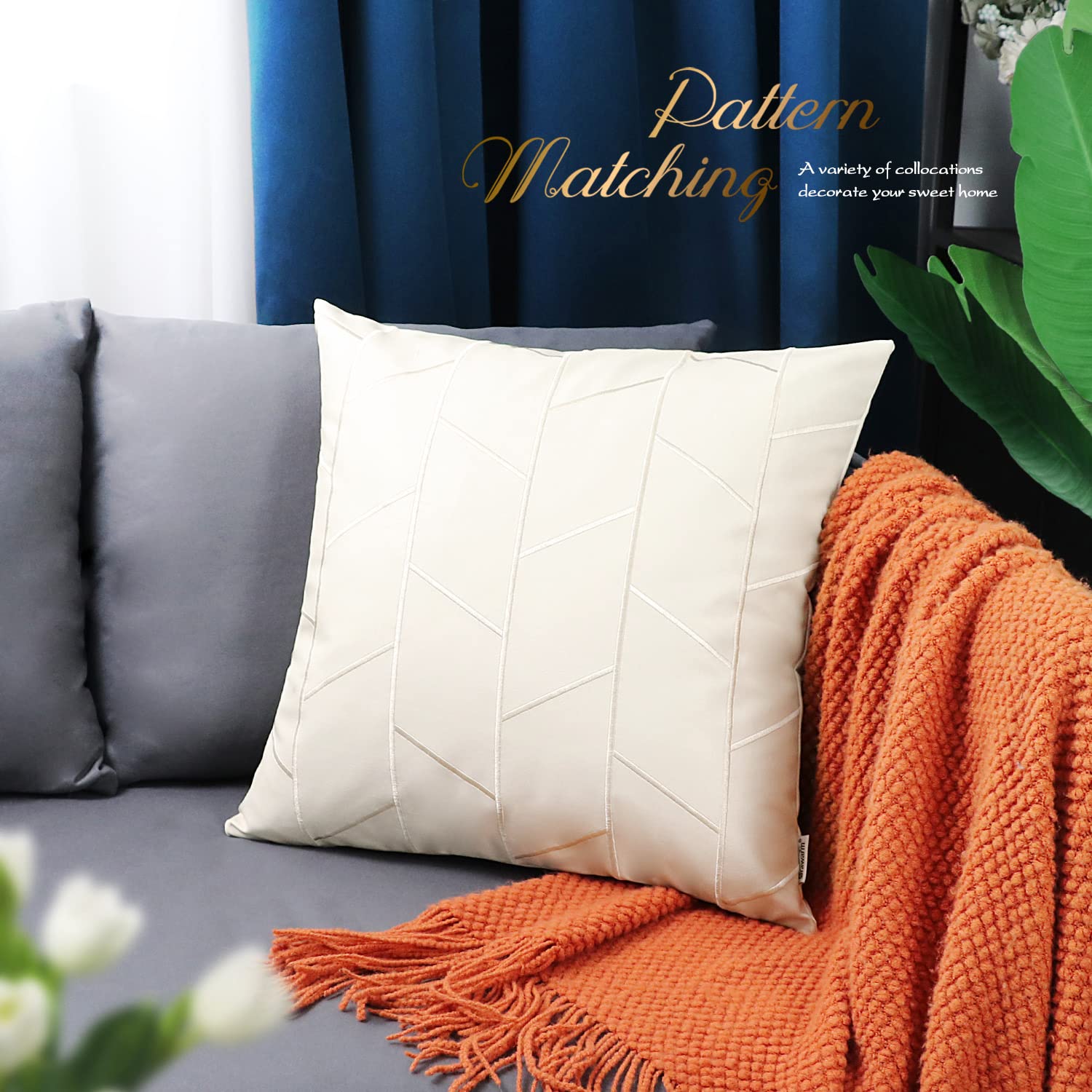 BRAWARM 16x16 Inch Faux Leather Pillow Covers - Pack of 2, Cream Geometric Embroidery Decorative Throw Pillows for Living Room, Couch, Bed & Sofa - Perfect for Home Decor, Farmhouse Style & Cozy Interior Design