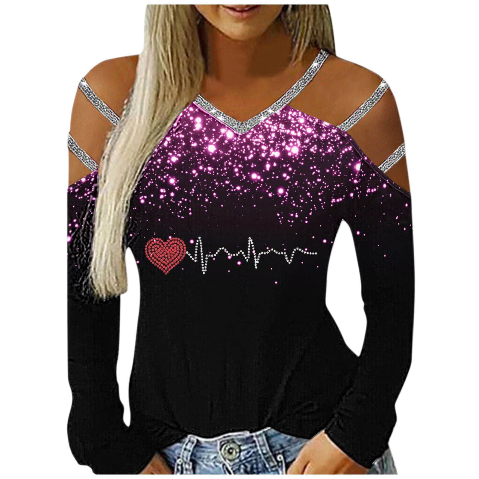 Women's Casual Rhinestone Hollow Out Long Sleeve V-Neck Off Shoulder T-Shirt - Elegant Blouse for Party, Date Night & Everyday Wear