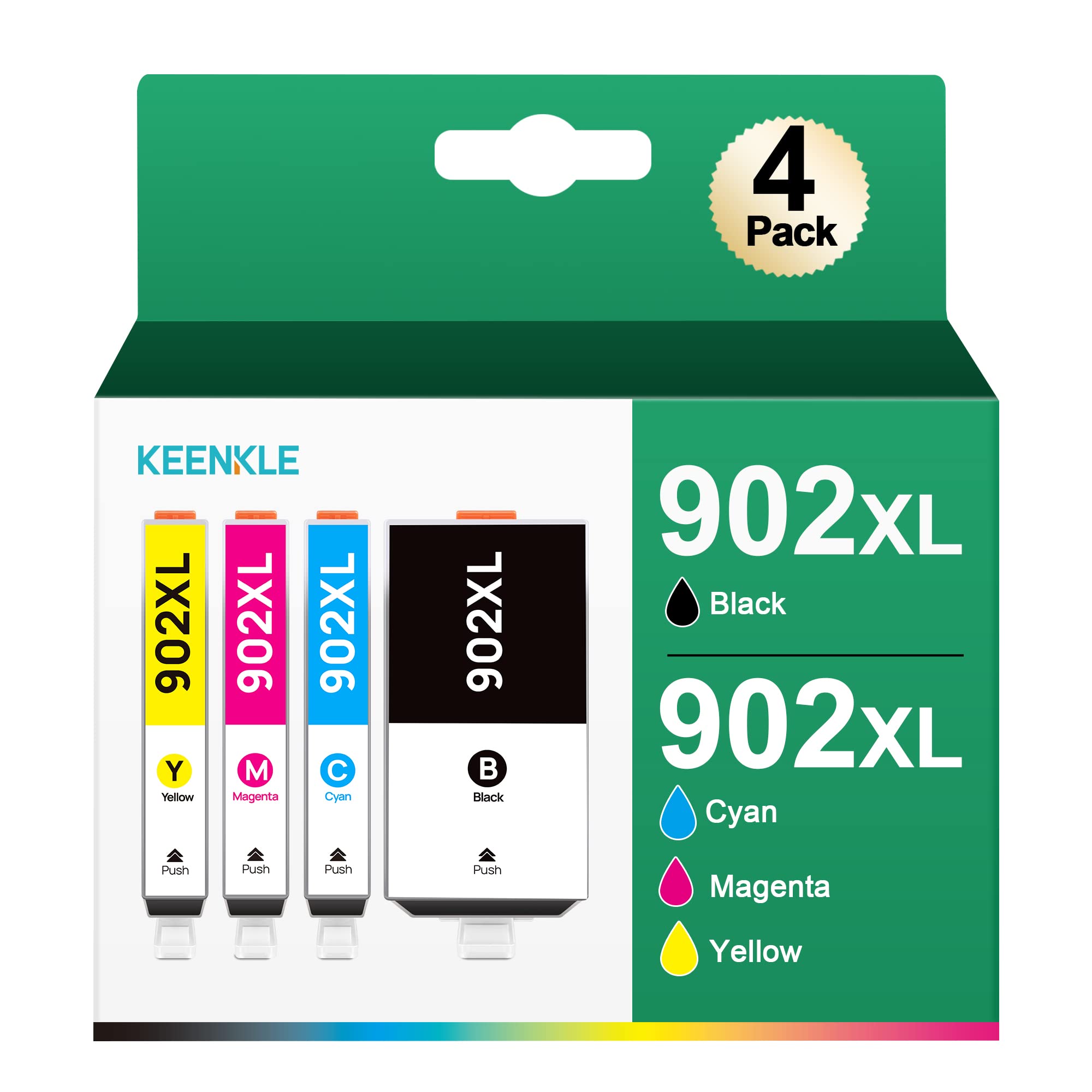 KEENKLE 902 902XL Compatible Ink Cartridge Replacement for HP 902XL 902 Ink - 4 Pack (Black, Cyan, Magenta, Yellow) | Works with HP Officejet 6978 6968 6962 6958 6970 6950 6960 Printers | Perfect for Home Office Printing, Documents & Photos