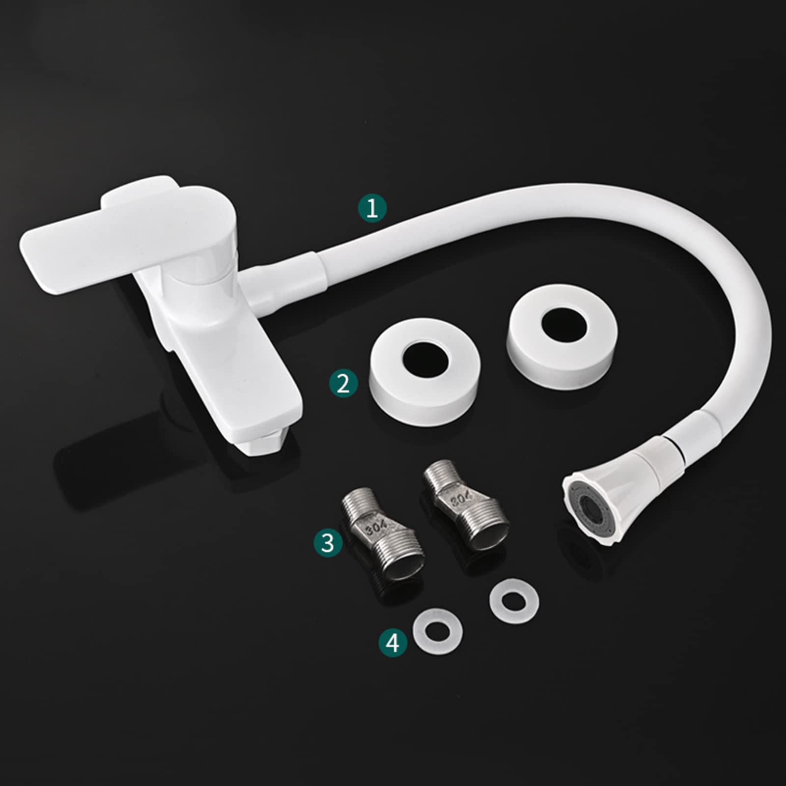 Wall Mount Kitchen Faucet with Brass Showerhead - Hot/Cold Water Swivel Sink Faucet in White | Perfect for Small Kitchens, RV Bathrooms & Outdoor Sinks