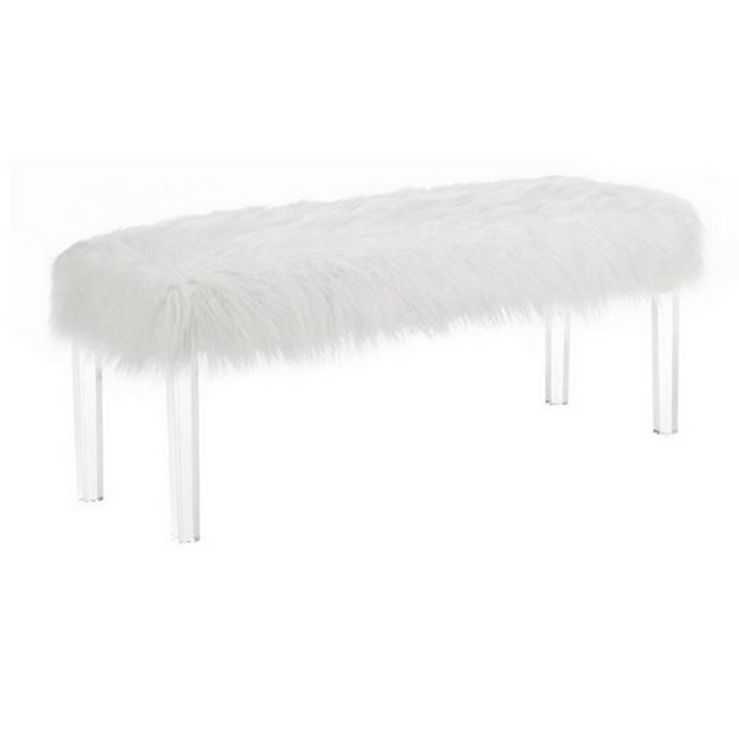 Benjara Modern White Faux Fur Bench with Clear Acrylic Legs - Contemporary Accent Seating for Living Room, Bedroom or Entryway