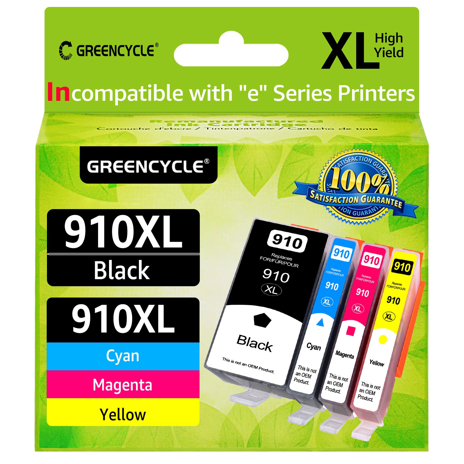 Greencycle 910XL Ink Cartridges Combo Pack (4 Pack) - High Yield Replacement for HP 910/910XL - Compatible with OfficeJet Pro 8020/8025/8028/8030/8035 & OfficeJet 8010/8015/8018/8022 Printers - Perfect for Home Office, School Projects & Small Business Printing Needs