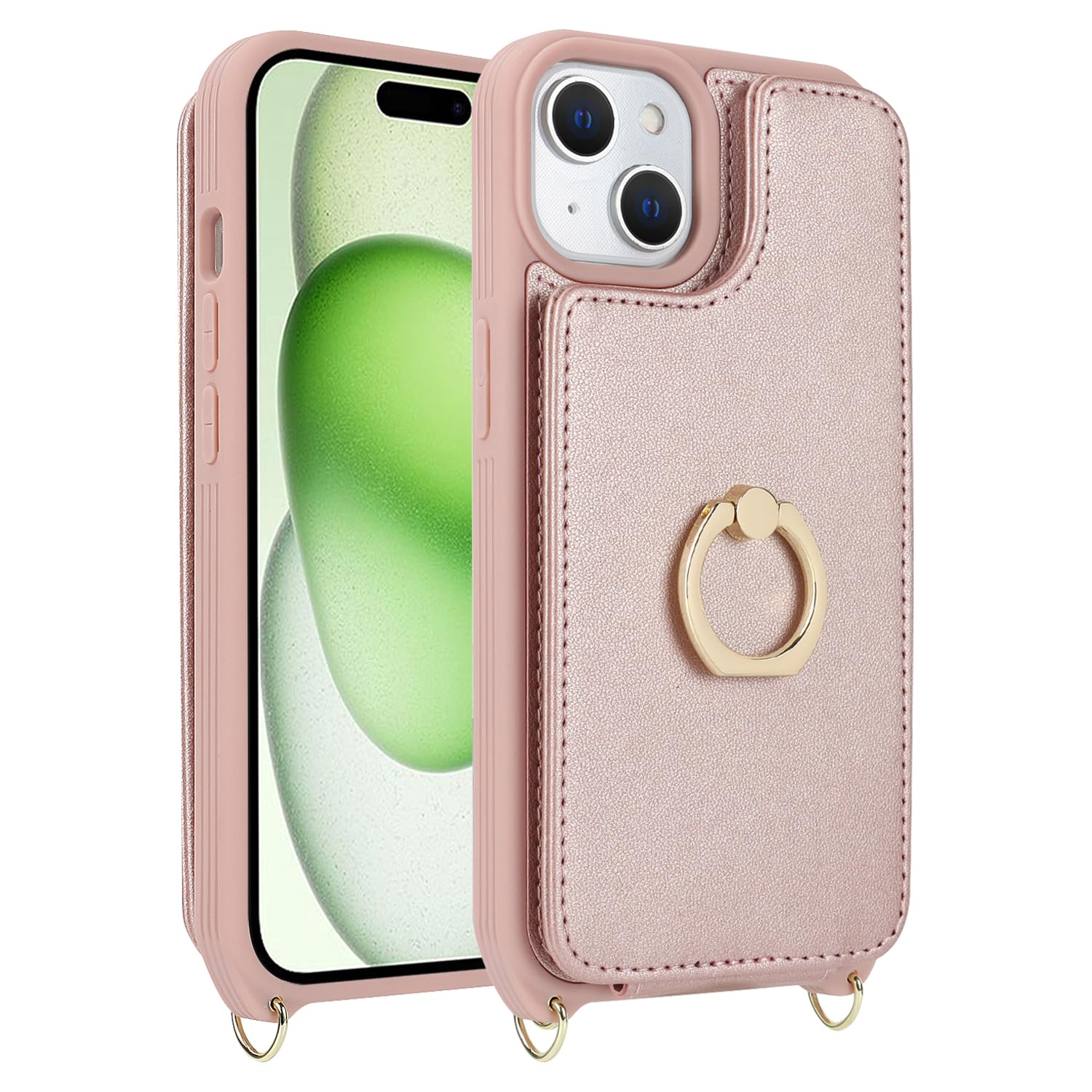 iPhone 15 Wallet Case with Card Holder & Wrist Strap - 6.1 Inch Rose Gold Phone Cover with Crossbody Lanyard, Ring Stand & Snap Closure | Perfect for Women's Everyday Use, Shopping & Travel Accessories