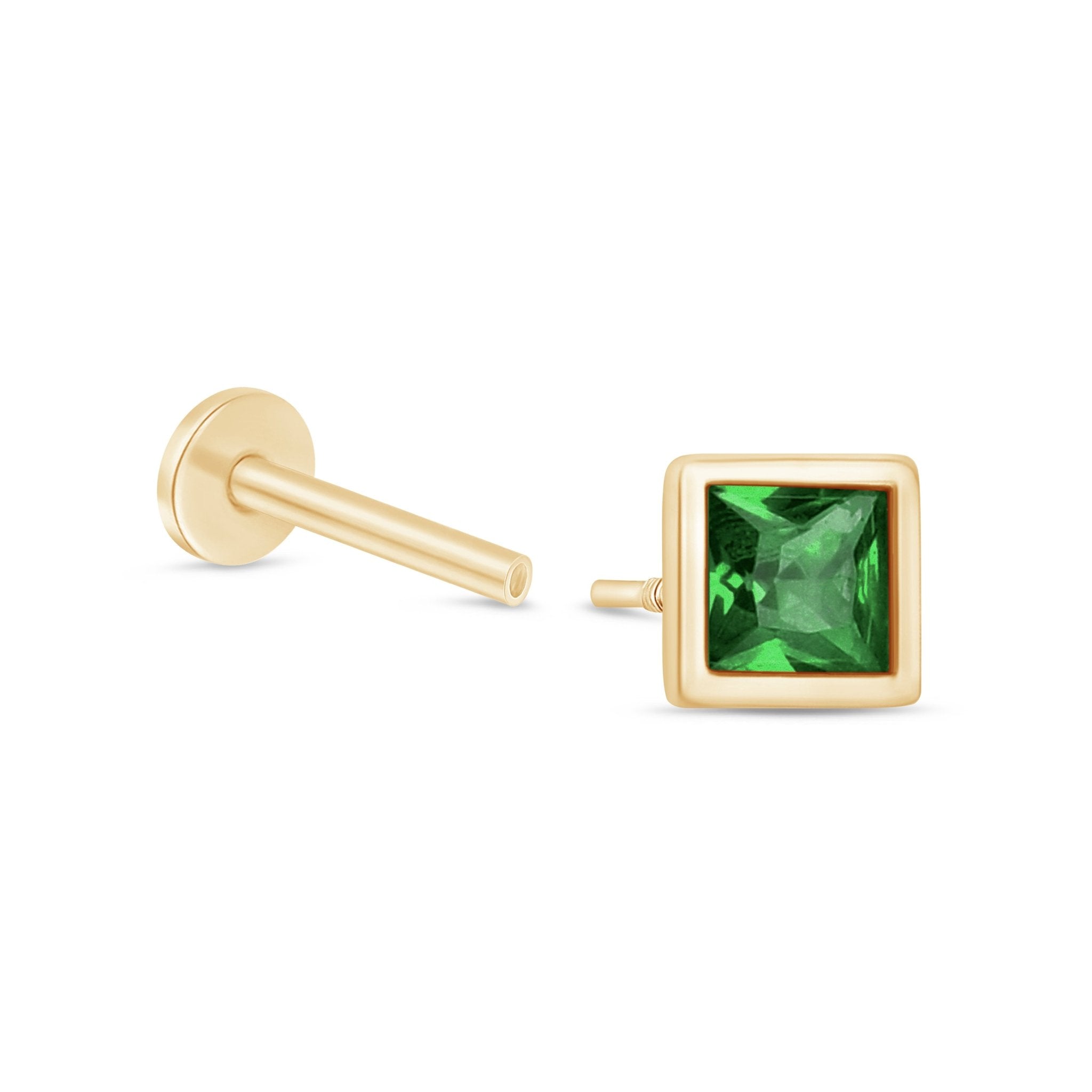 14K Yellow Gold Princess Cut Emerald Stud Earrings - Bezel Set Flat Back for Sensitive Ears - Perfect for Weddings, Parties & Everyday Elegant Wear