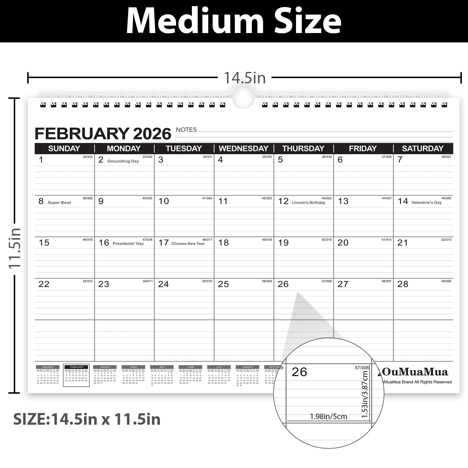 OuMuaMua 2025-2026 Wall Calendar | 19-Month Hanging Planner (June 2025 - December 2026) | 14