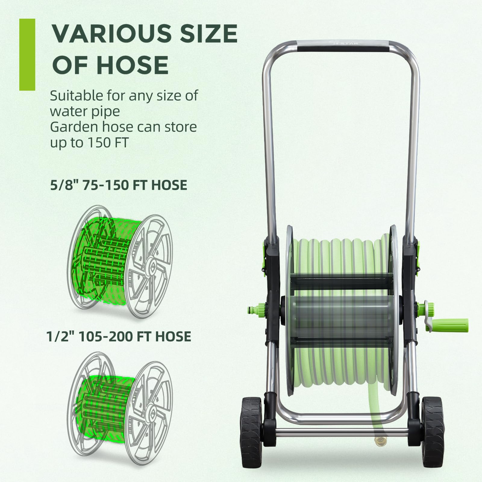 Portable Metal Garden Hose Reel Cart with Wheels - Holds 75-150Ft of 5/8 Inch Water Hose for Outdoor Yard, Lawn & Garden Use - Perfect for Watering Plants, Washing Cars & Cleaning Patios