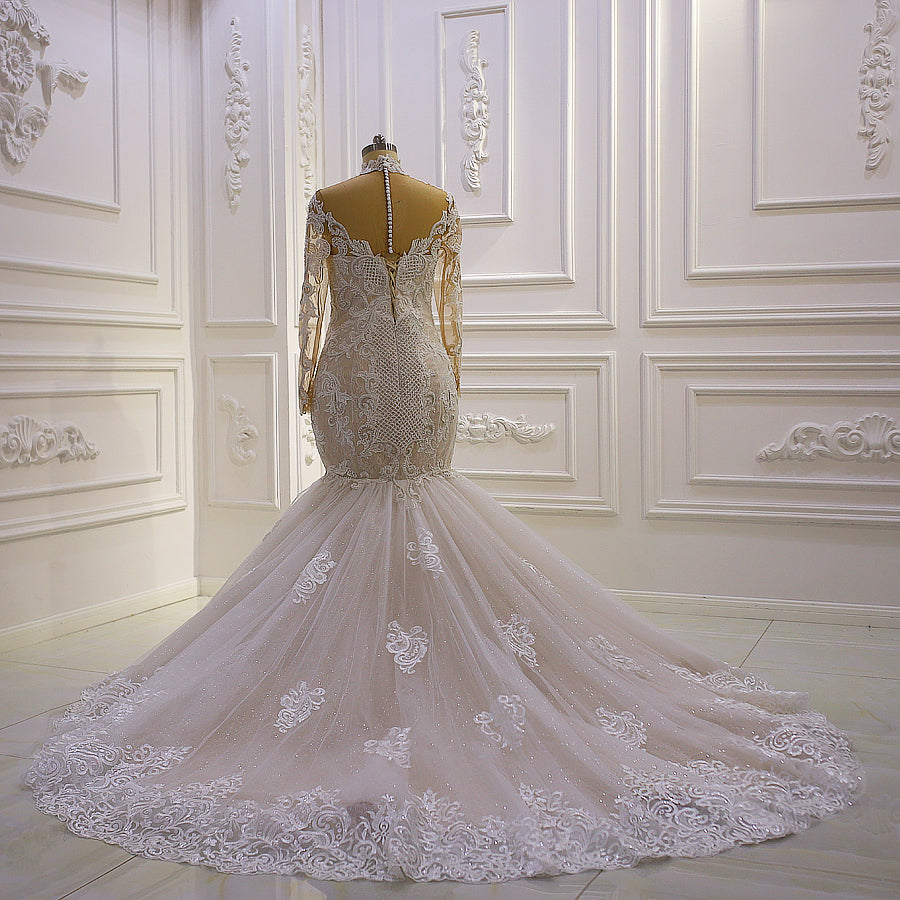 Elegant AM942 High Neck Long Sleeve Lace Appliques Mermaid Wedding Dress for Bride - Perfect for Beach, Church, and Formal Wedding Ceremonies