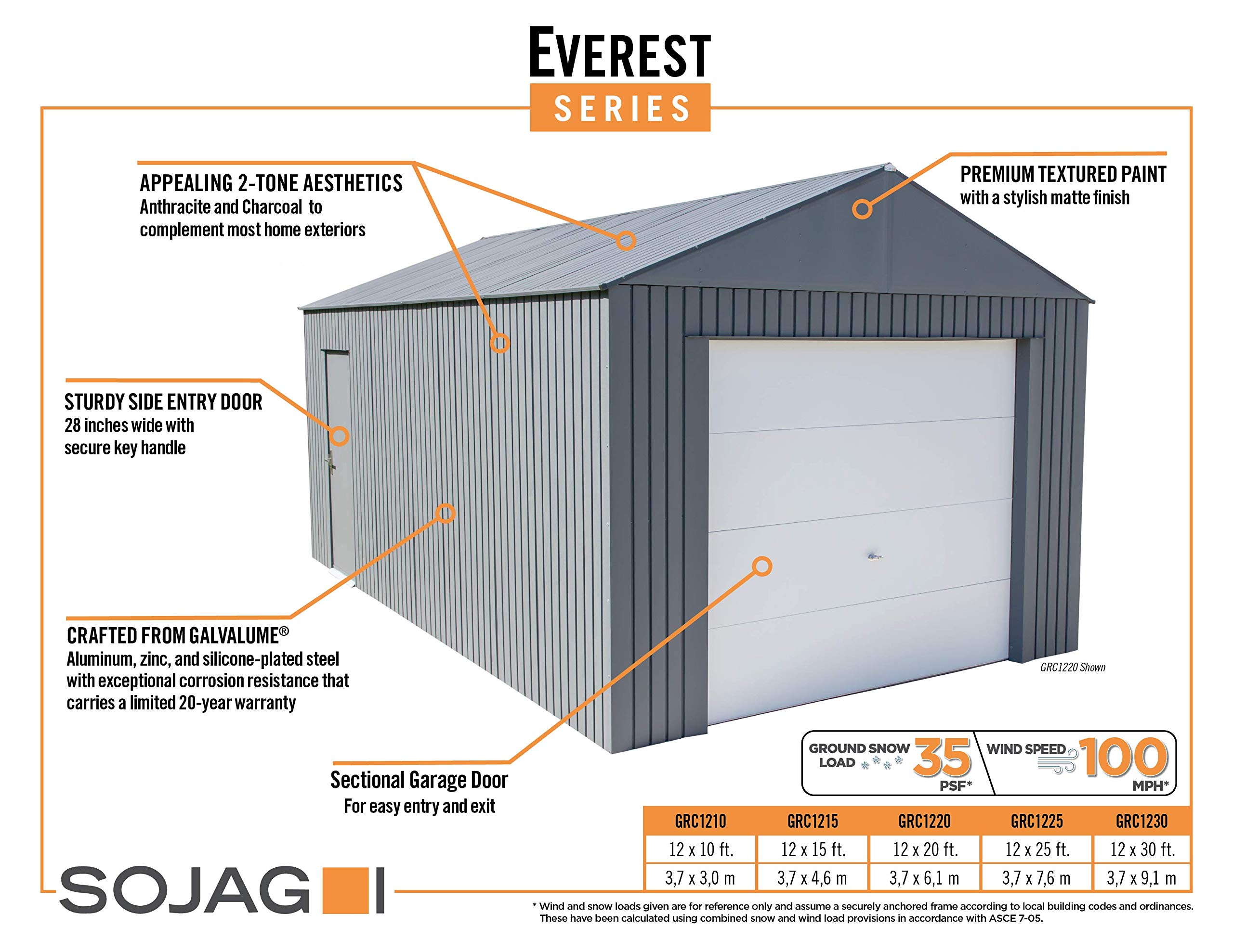 Sojag 12' x 25' Everest Galvalume Steel Garage Storage Building with Extra Tall Walls - Charcoal | Durable Outdoor Shed for Tools, Equipment & Vehicle Protection