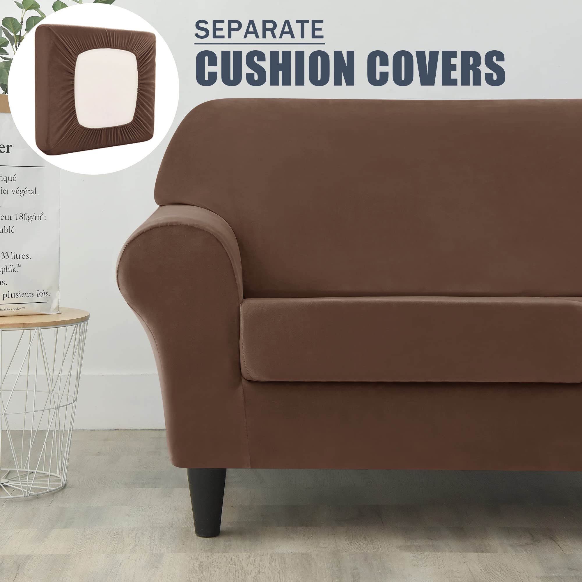 CONRUSER Stretch Sofa Slipcover - Soft Velvet 2 Cushion Couch Cover, Thick Furniture Protector for Pets & Kids (Brown, Medium) | Perfect for Living Room, Family Room & Pet-Friendly Homes