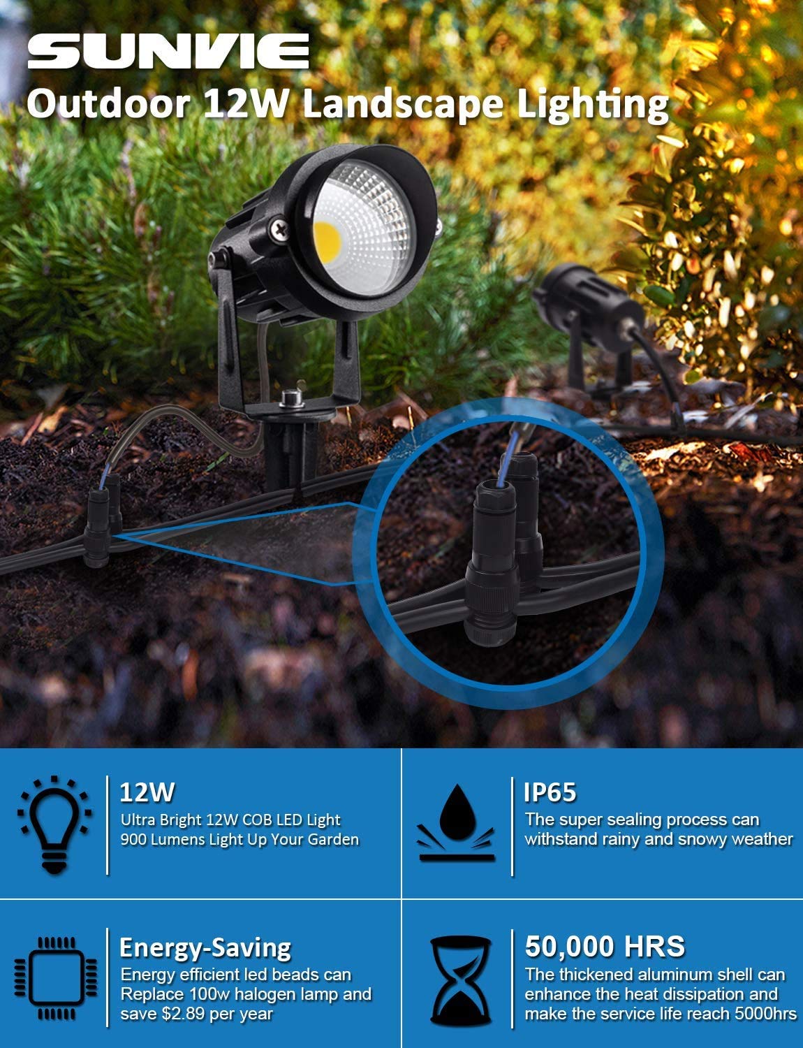 **SUNVIE 12W Low Voltage LED Landscape Lights - 12V Outdoor Waterproof Pathway & Garden Lights (12 Pack, 900LM Super Warm White) - Perfect for Driveways, Walkways, Trees & Flag Lighting**