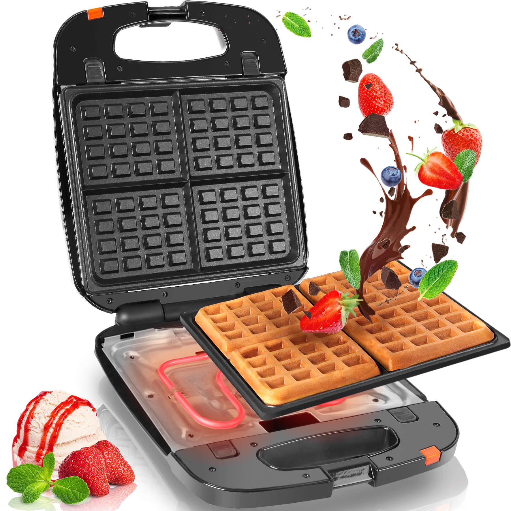 Duronic WM60 Non-Stick Belgian Waffle Maker - 4 Square Removable Plates for Croffles & American Waffles | Perfect for Breakfast, Brunch & Family Gatherings