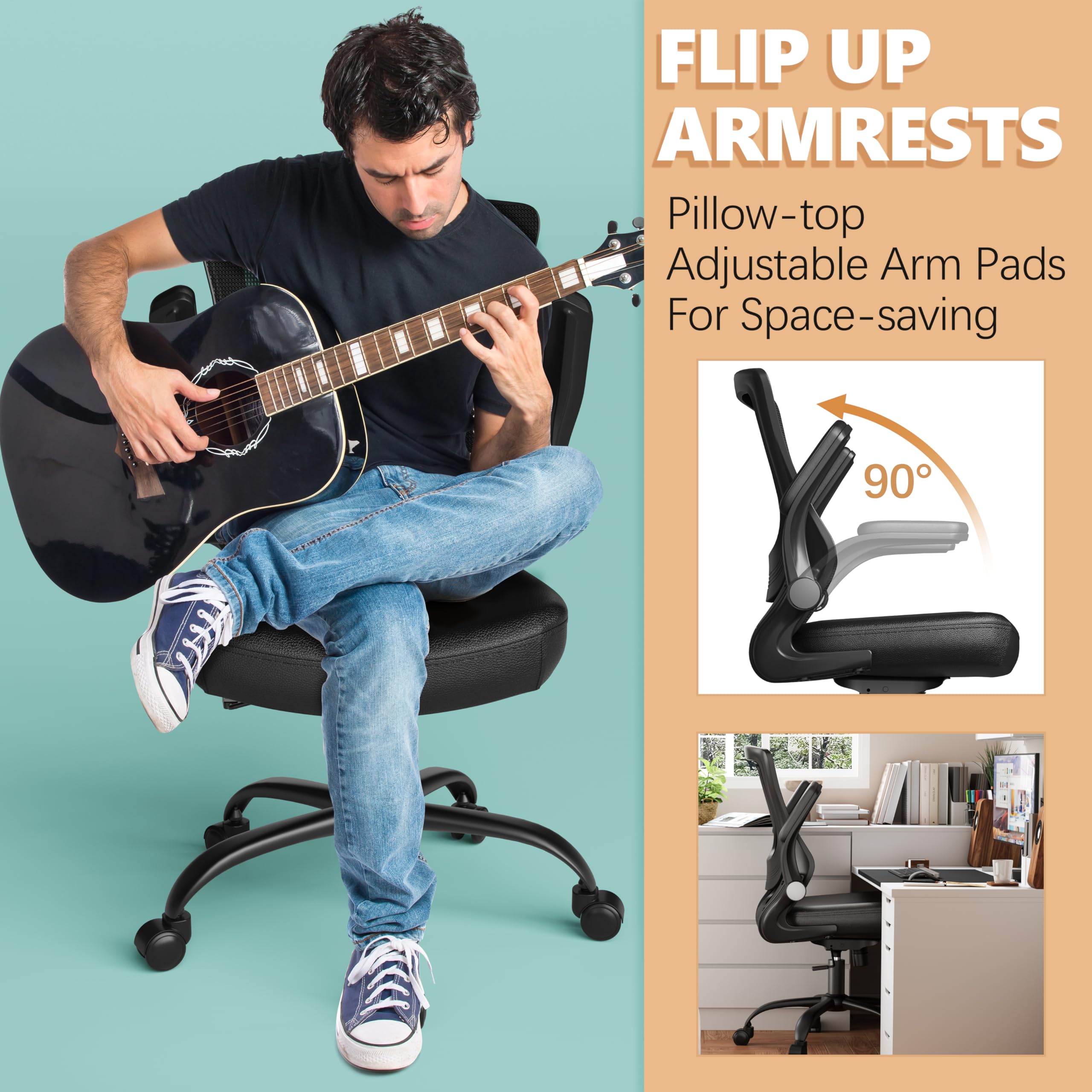 T29 Ergonomic Office Chair - Adjustable Lumbar Support Mesh Back Computer Desk Chair with PU Leather Seat, Flip-Up Arms & Swivel Wheels | Comfortable Home & Office Task Chair for Long Working Hours | Perfect for Remote Work, Gaming & Study Sessions