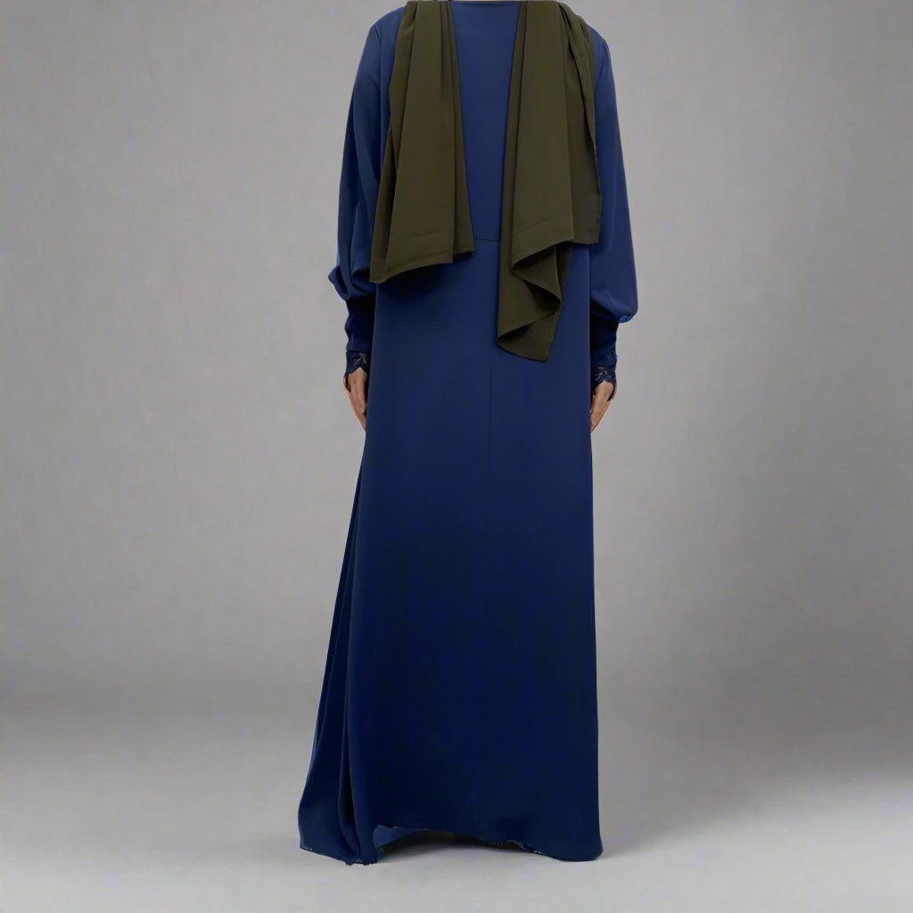 Elegant Front Zipper Lace Sleeve Muslim Abaya Dress for Women - Modest Islamic Prayer Dress for Mosque, Eid & Special Occasions