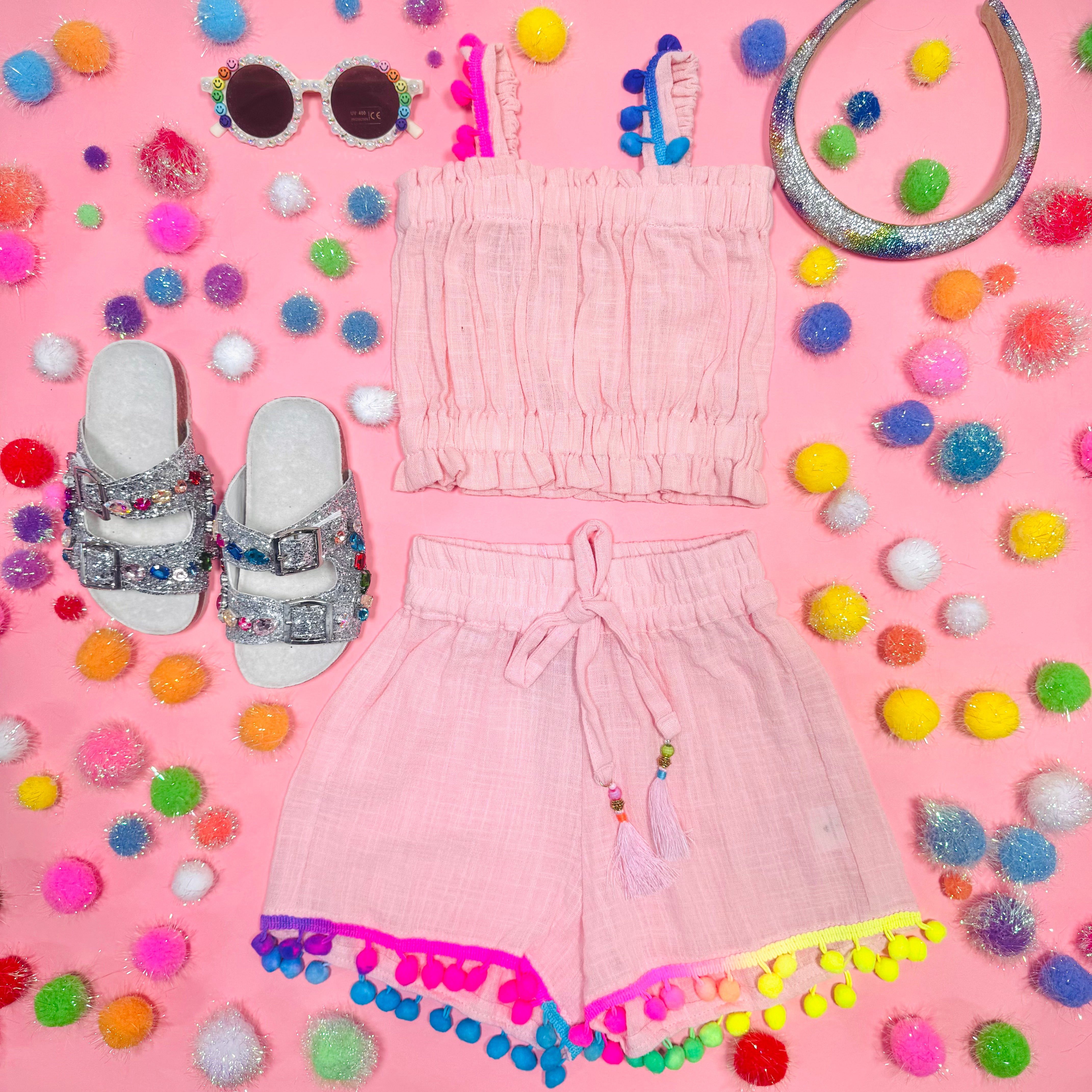 Stylish Pom Pom Tank Top and Shorts Set for Women - Trendy Summer Outfit for Beach, Vacation, and Casual Wear