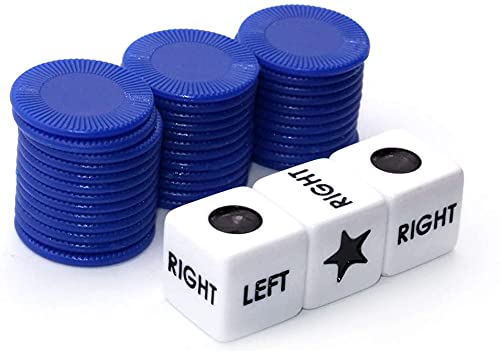 Right Left Center Dice Game Set with 3 Dice & 36 Chips - Blue | Fun Family Party Game for Adults & Kids | Perfect for Game Nights, Camping & Travel