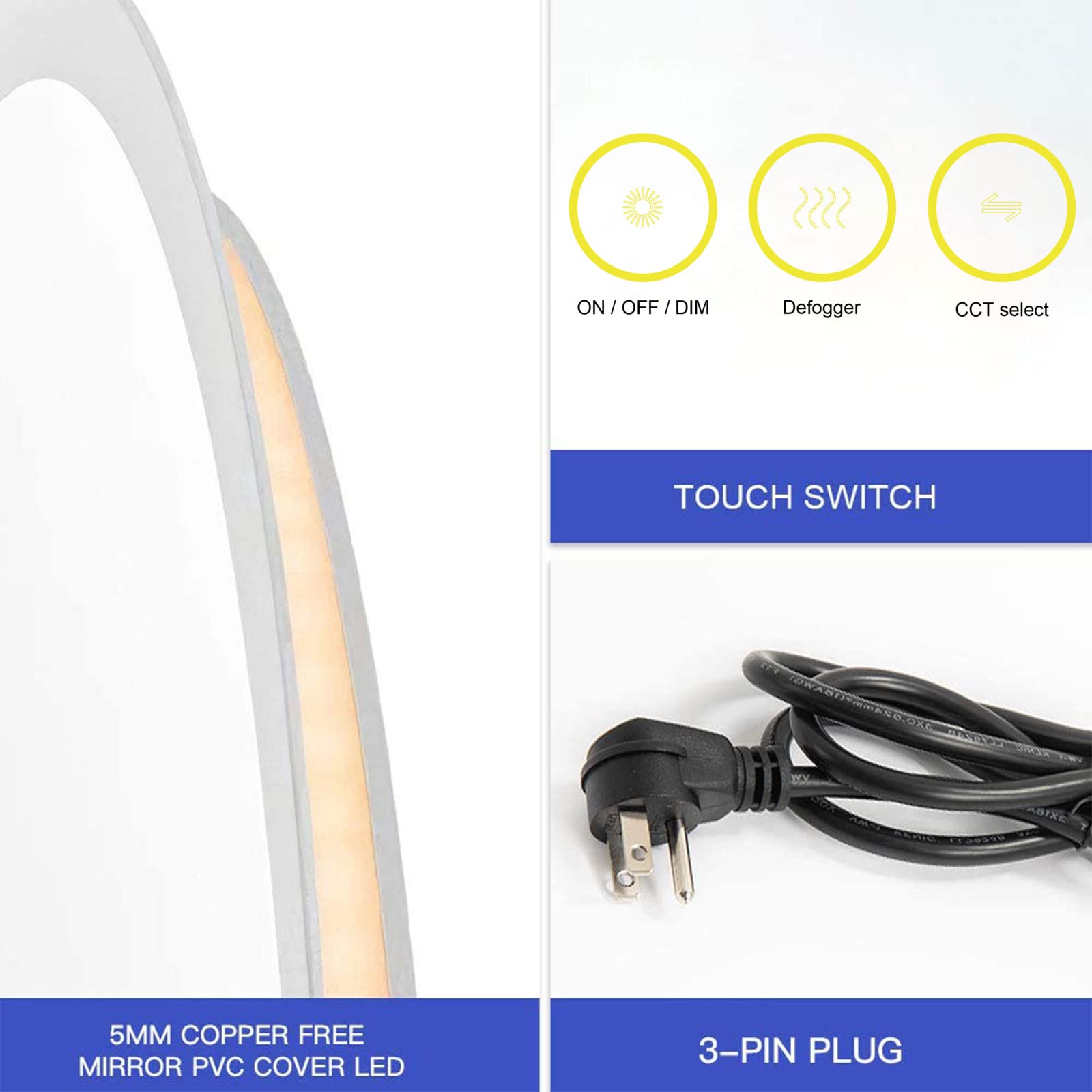 24x32 Inch Oval LED Vanity Mirror with Anti-Fog & Touch Switch - Dimmable 3-Color Lighting for Bathroom, Bedroom, Makeup & Dressing Room - Wall Mounted Bathroom Mirror with Lights