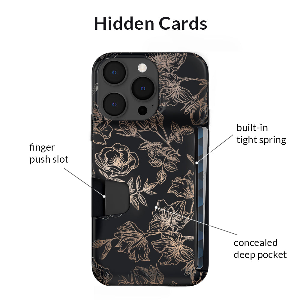 Floral Rose Gold iPhone Wallet Case - Slim Protective Phone Cover with Card Holder for iPhone 13/14/15 - Perfect for Everyday Use, Travel & Shopping