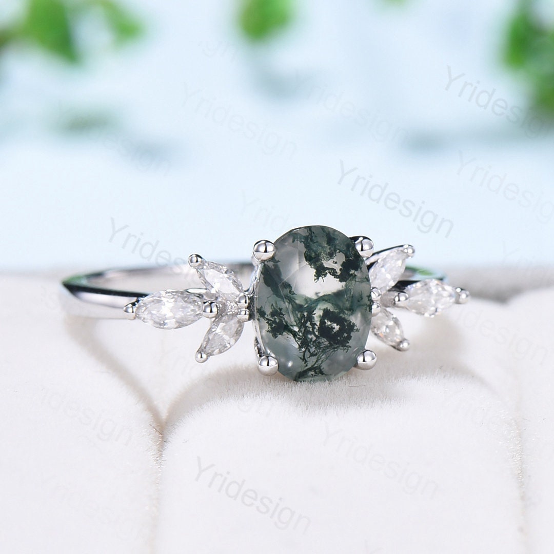 1.5CT Oval Natural Moss Agate Engagement Ring with Cluster Diamonds | Vintage Art Deco Wedding Band | Green Agate & Crystal Anniversary Jewelry for Women | Perfect for Proposals, Weddings & Special Occasions