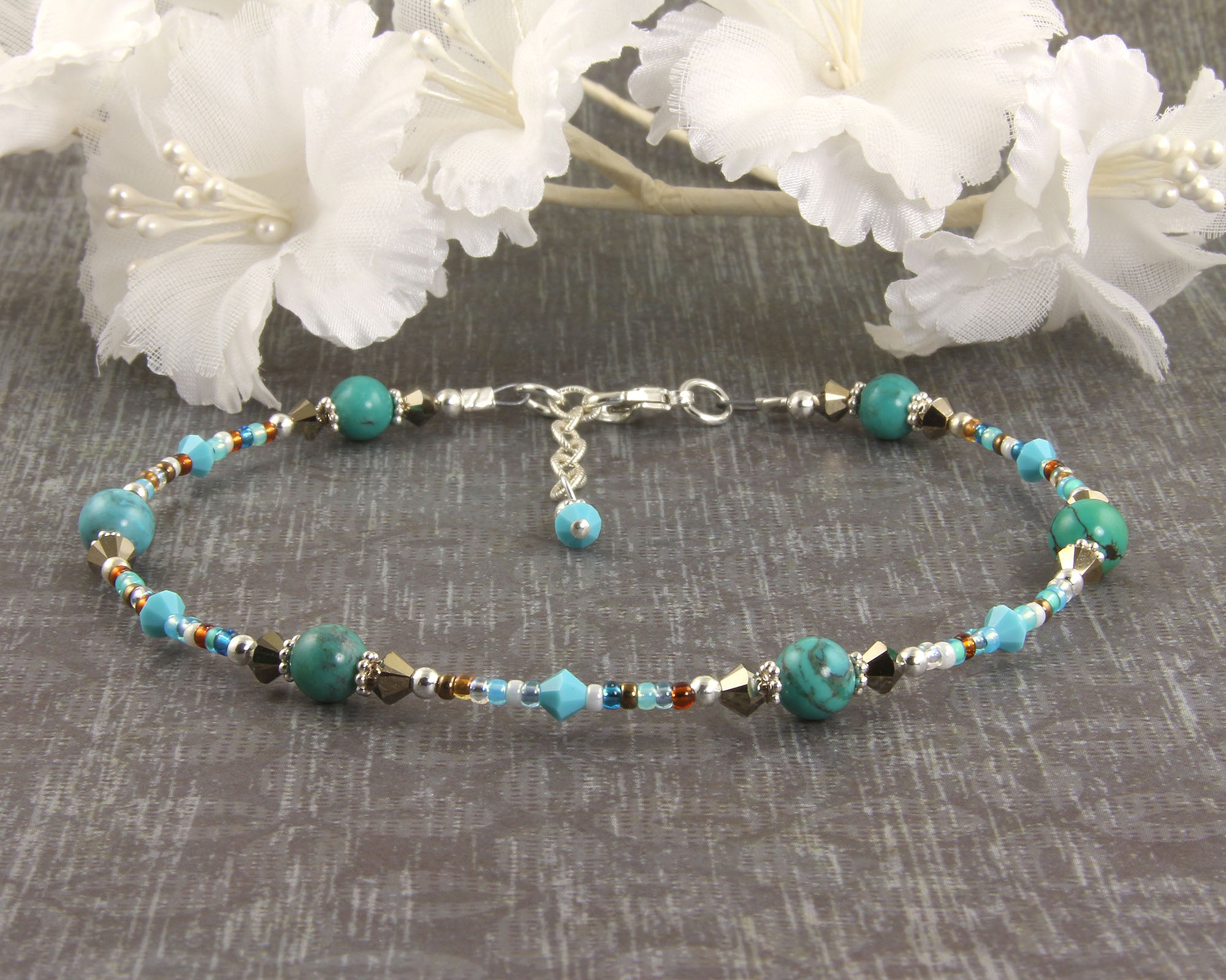 Turquoise Gold Crystal Silver Plated Anklet Bracelet for Women - Boho Beach Jewelry for Summer Outfits & Vacation Accessories