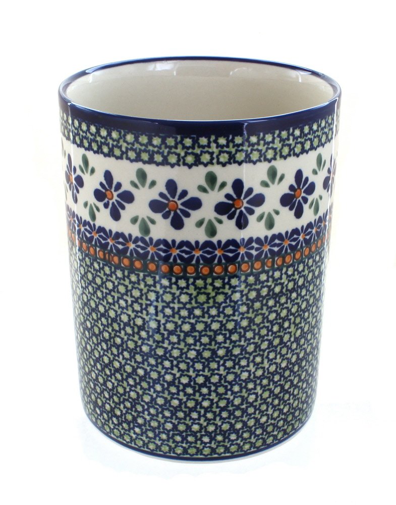 Handmade Blue Rose Polish Pottery Mosaic Flower Utensil Jar - Vintage Ceramic Canister for Kitchen Storage, Coffee, Tea & Sugar - Perfect for Farmhouse, Rustic & Boho Home Decor