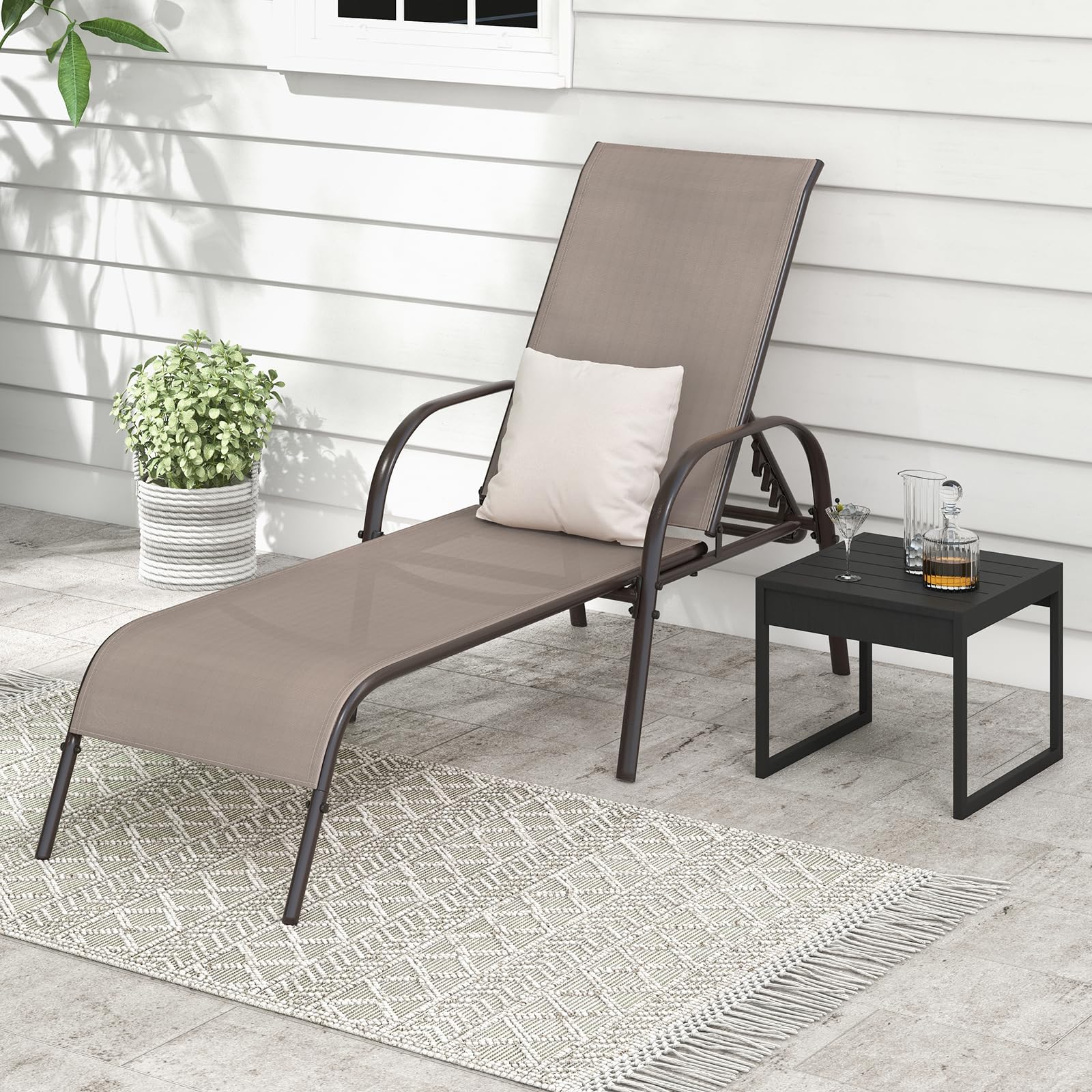Giantex 2 Pack Adjustable Patio Lounge Chairs - Heavy Duty Steel Frame Outdoor Chaise Lounge with 5-Position Recliner - Perfect for Sunbathing, Beach, Poolside, Backyard & Balcony Relaxation - Brown