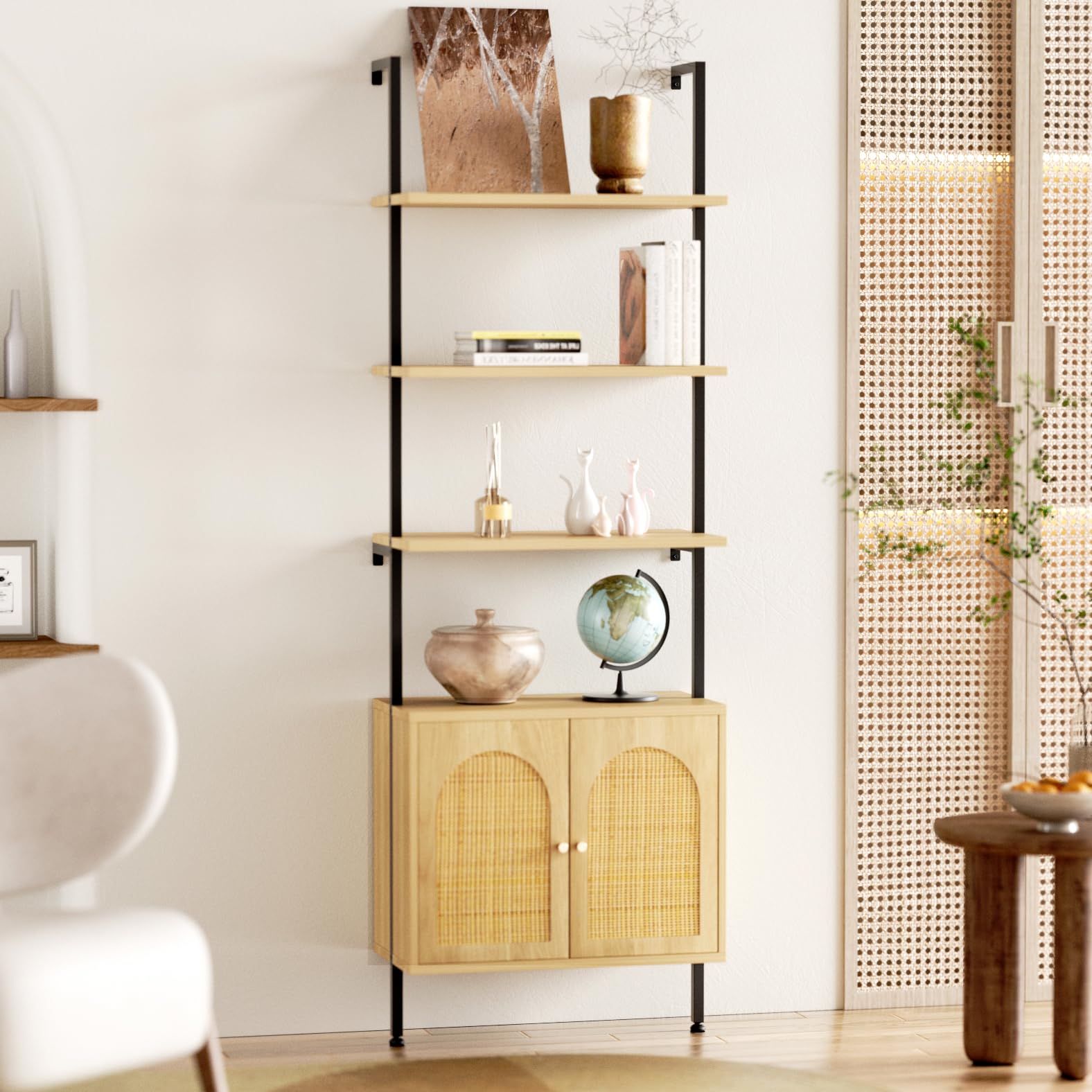 3-Tier Ladder Bookshelf with Rattan Cabinet - Space-Saving Storage for Home Office & Bedroom