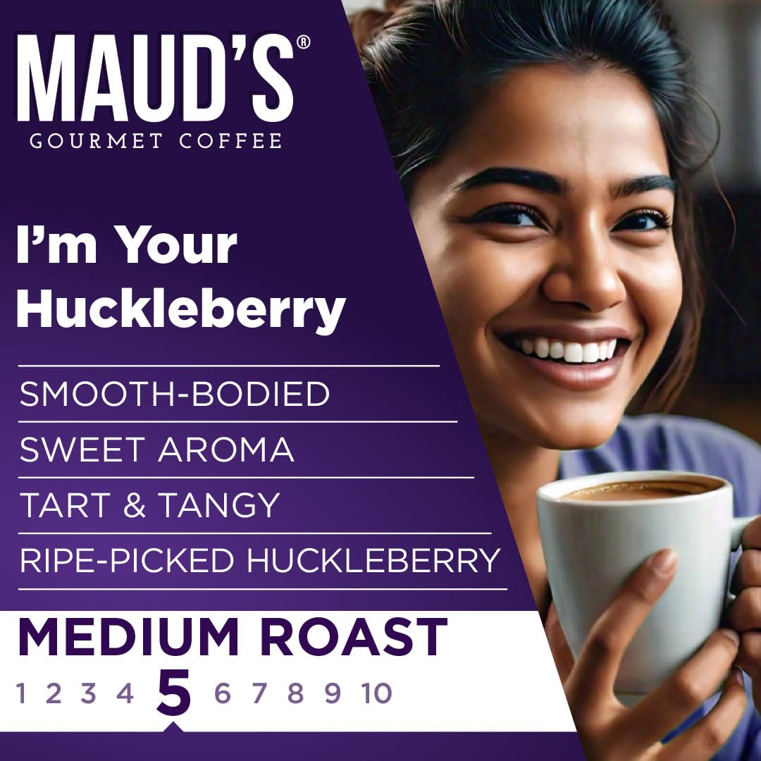 Maud's Huckleberry Flavored Coffee Pods - 18 Count Medium Roast Single Serve K Cups | 100% Arabica Recyclable Pods for Keurig Brewers | Perfect for Office, Home & Morning Coffee Break
