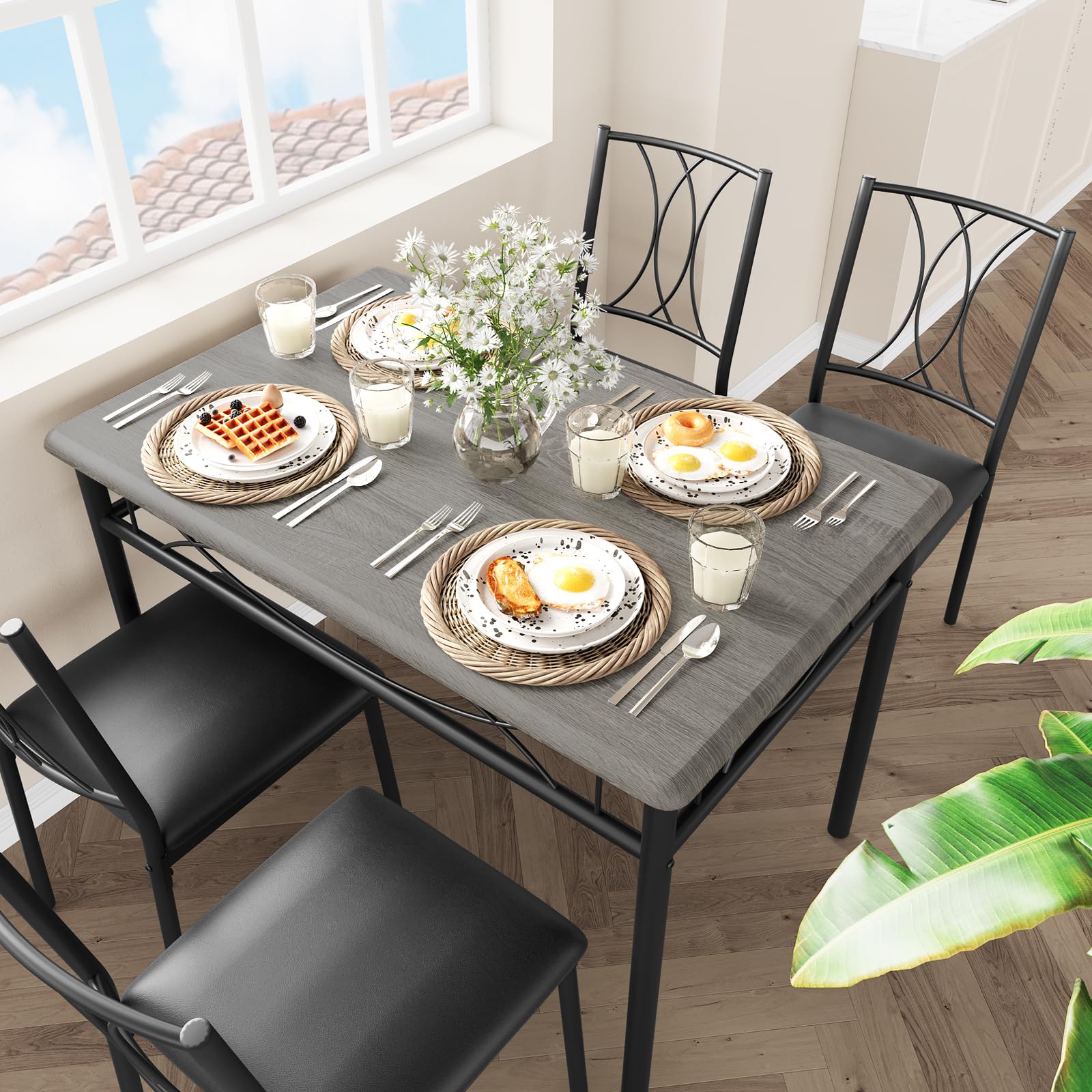 **4-Piece Rustic Grey Dining Table Set with Upholstered Chairs - Perfect for Small Spaces, Apartments & Breakfast Nooks | Kitchen & Dining Room Furniture**
