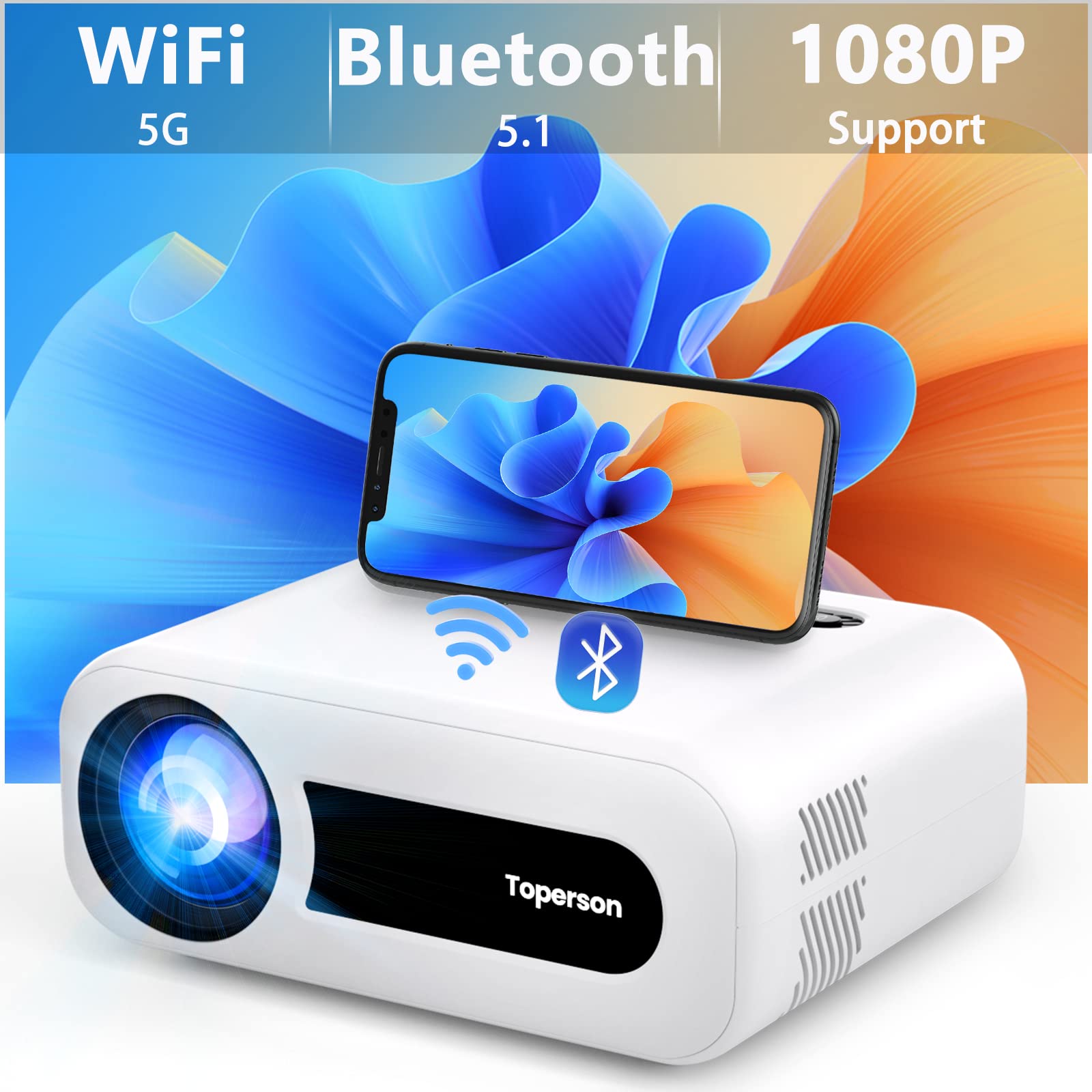 Toperson 5G WiFi Bluetooth Projector - 7000LM Full HD 1080P Home Theater Video Projector with 200