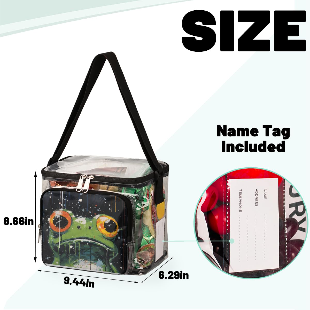 Big-Eyed Frog Clear Tote Bag with Handles - Green Transparent Crossbody Shoulder Bag for Lunch, Outdoor, Travel, Picnic, Concerts & Sports Events | Stadium Approved Multi-Purpose Bag for Women & Teens | Perfect for Beach, School, Shopping & Festivals
