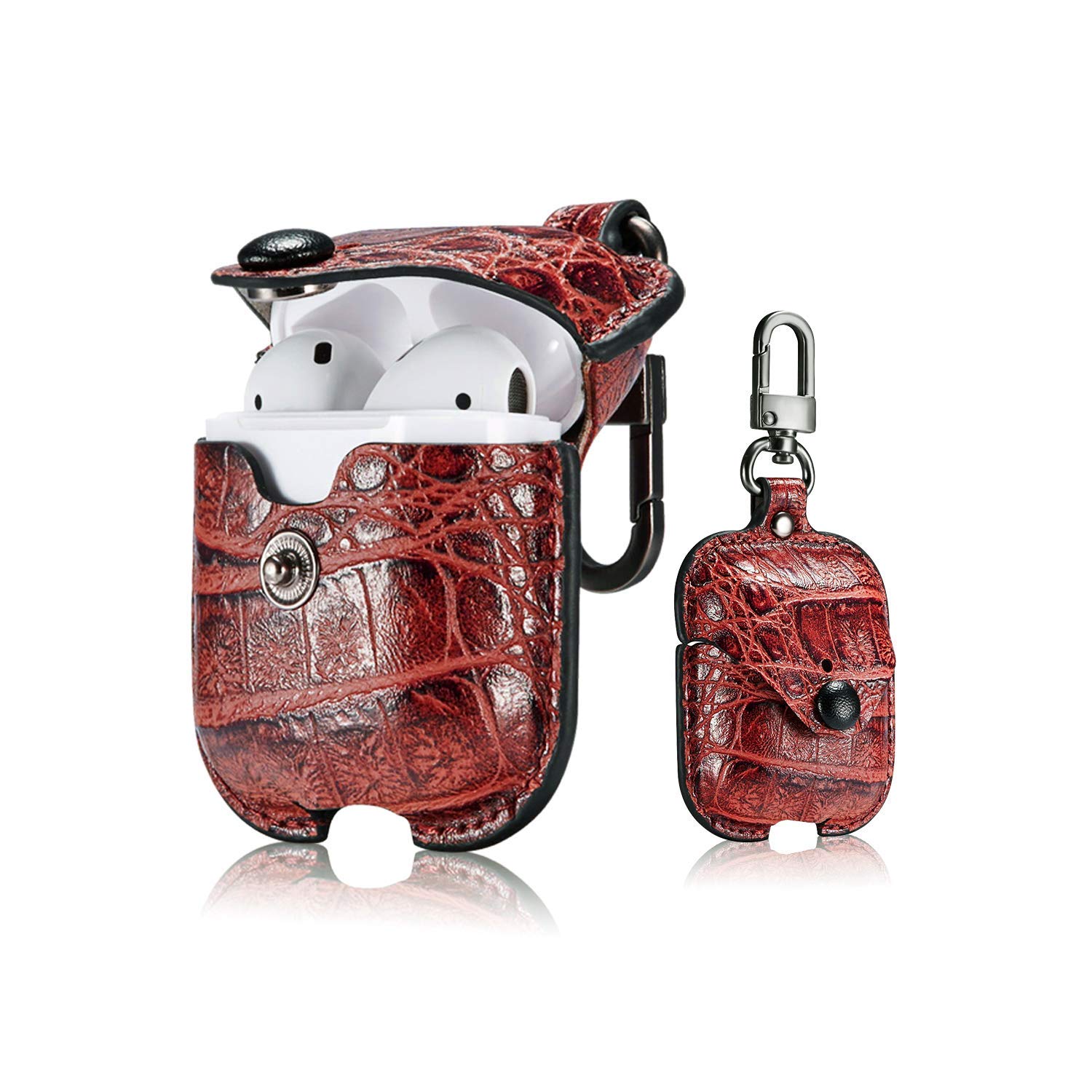 Leather AirPods 1/2 Charging Case Cover with Secure Snap-Fastener - Compatible with Apple AirPods 1st & 2nd Generation (Red) | Perfect for Travel, Gym & Daily Protection