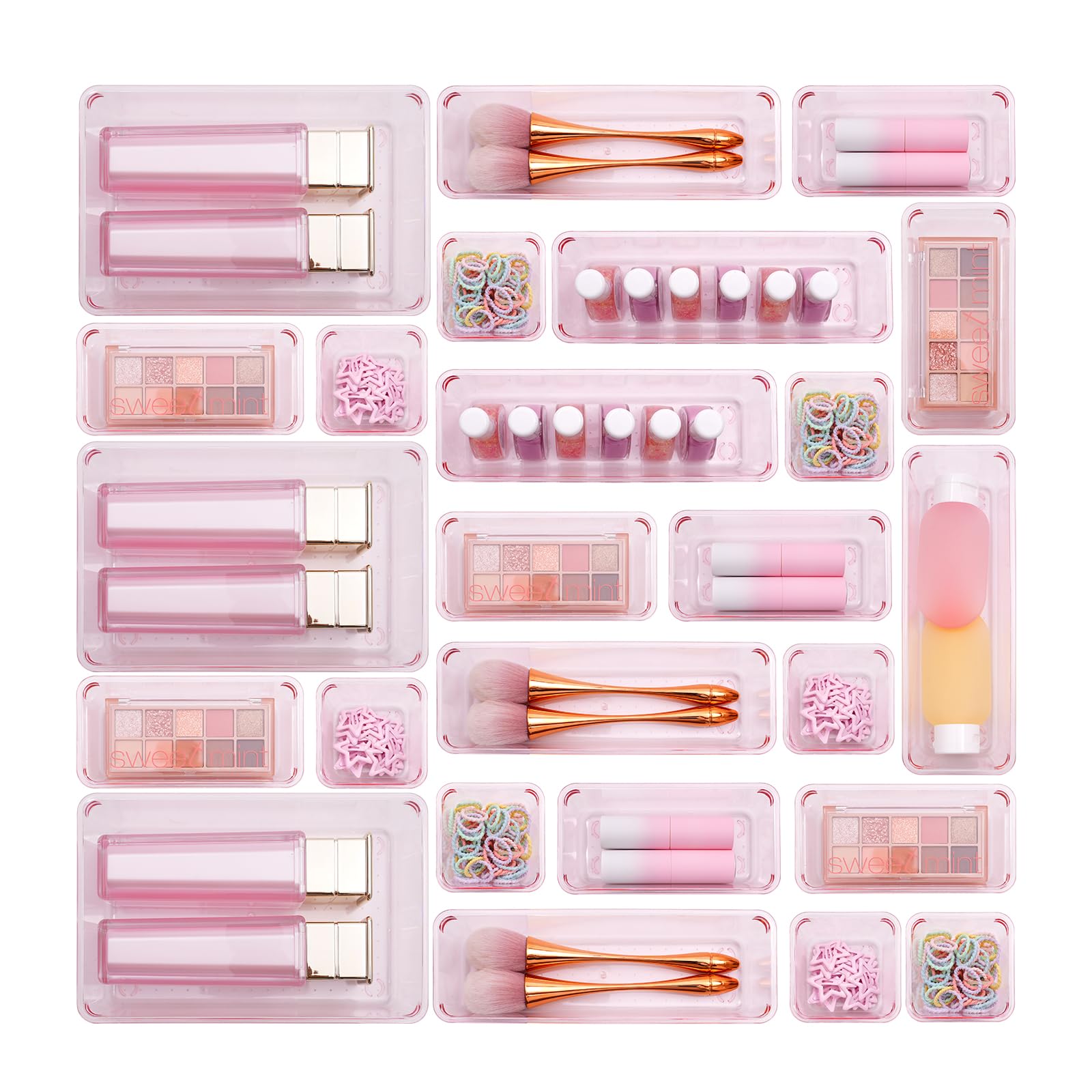 25-Piece Plastic Drawer Organizer Set - 4-Size Bathroom & Vanity Storage Trays for Makeup, Jewelry, Kitchen Utensils & Office Supplies | Space-Saving Pink Organizer Bins for Bedroom, Bath & Home Organization