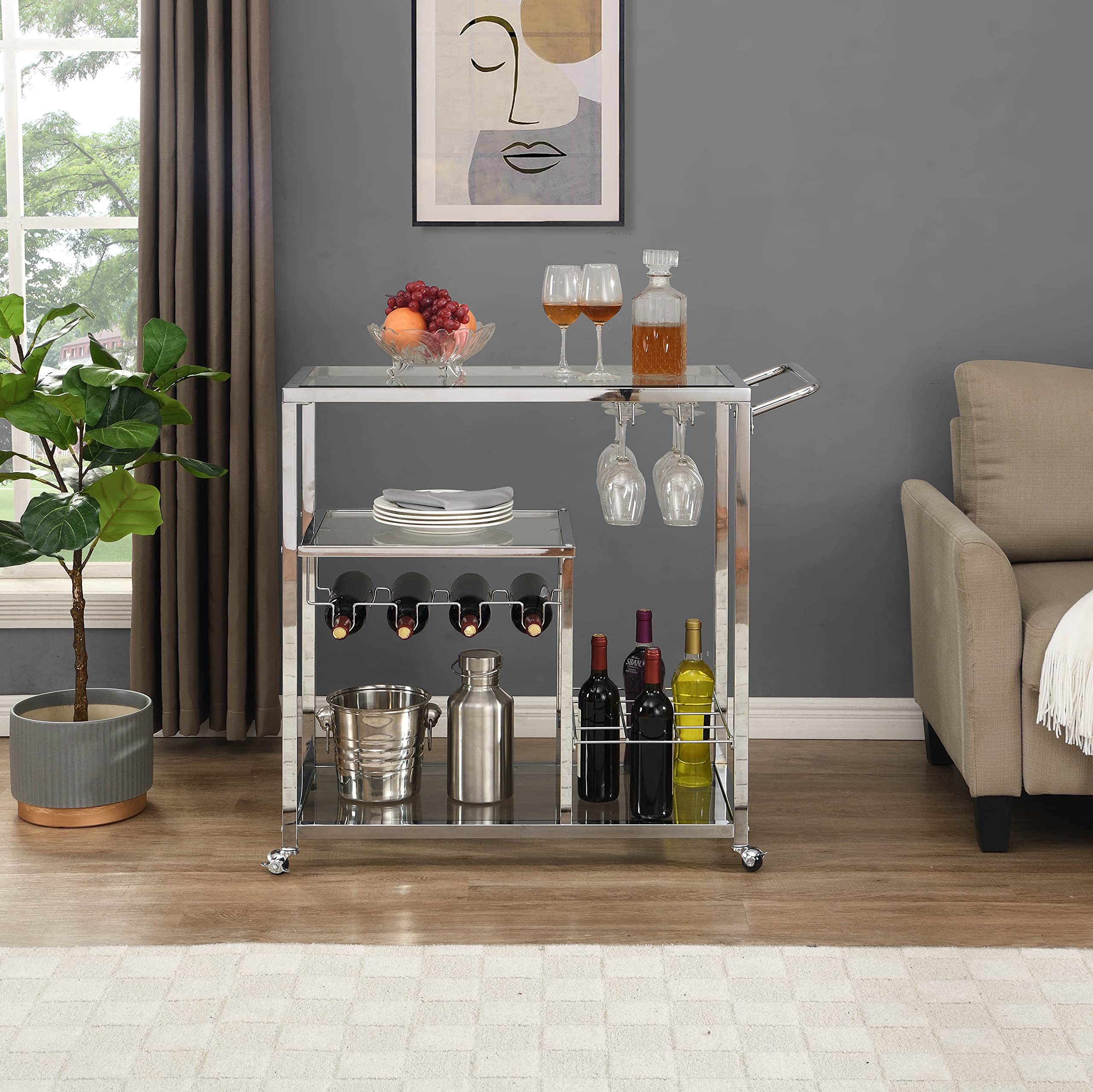 3-Tier Bar Serving Cart with Wine Rack & Glass Holder - Sturdy Metal Frame & Tempered Glass Shelves for Home, Kitchen, Bar or Outdoor Entertaining