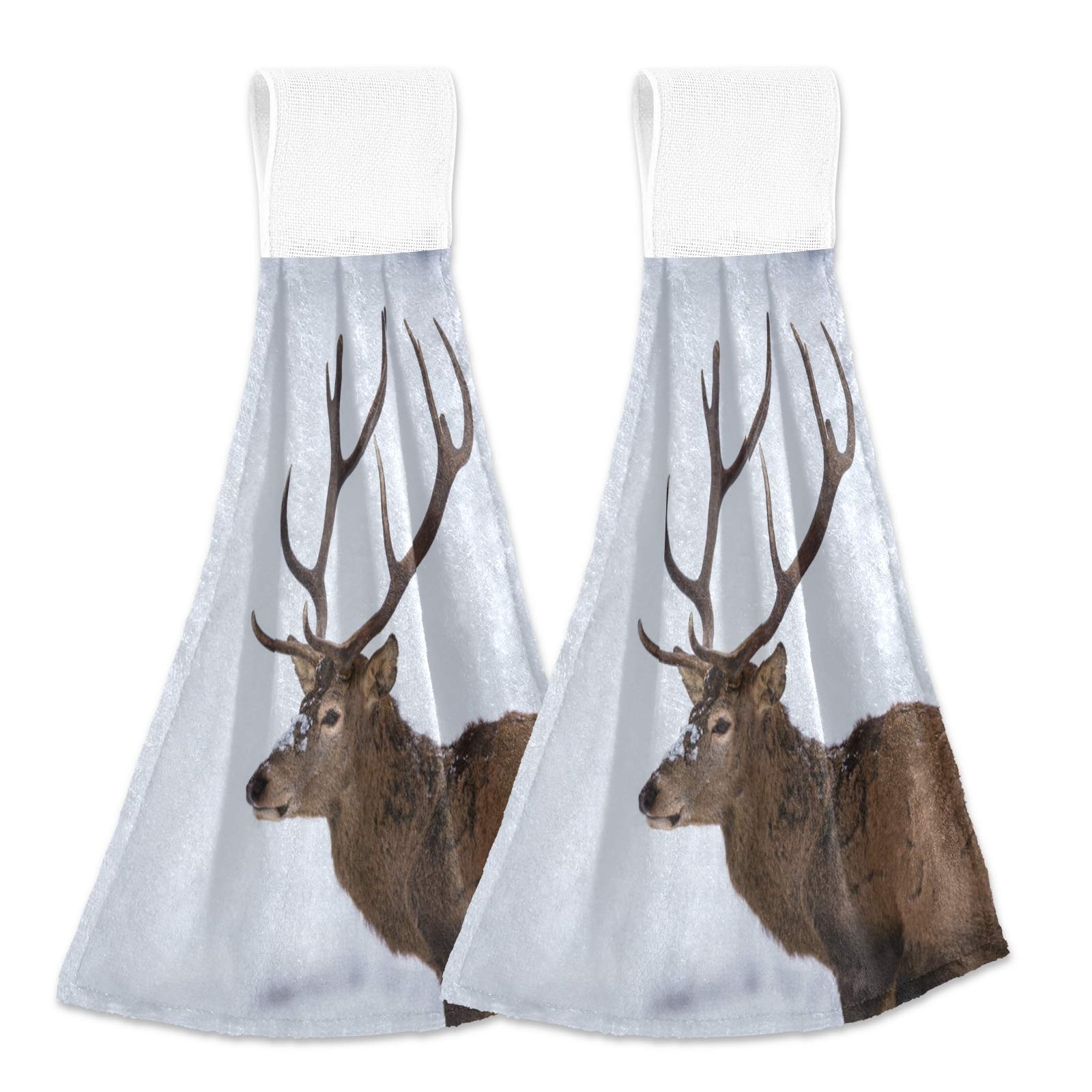 Premium 2-Pack Elk Print Kitchen Towels - Absorbent Dish & Tea Towels with Hanging Loop - Winter Wildlife Design for American/Canadian Decor - Perfect for Holiday Gifts & Rustic Cabin Kitchen Accessories
