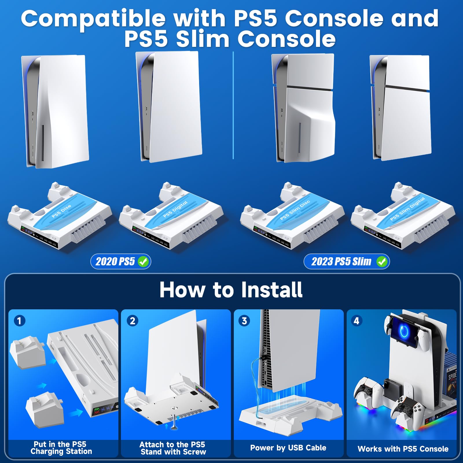 RGB Cooling Stand for PS5/PS5 Slim with LED Lights - PS5 Accessories Includes PS5 Controller Charger, Headset Holder & Vertical Stand - Fast 2-Hour Charging for PS5 Gaming Setup & Entertainment Center