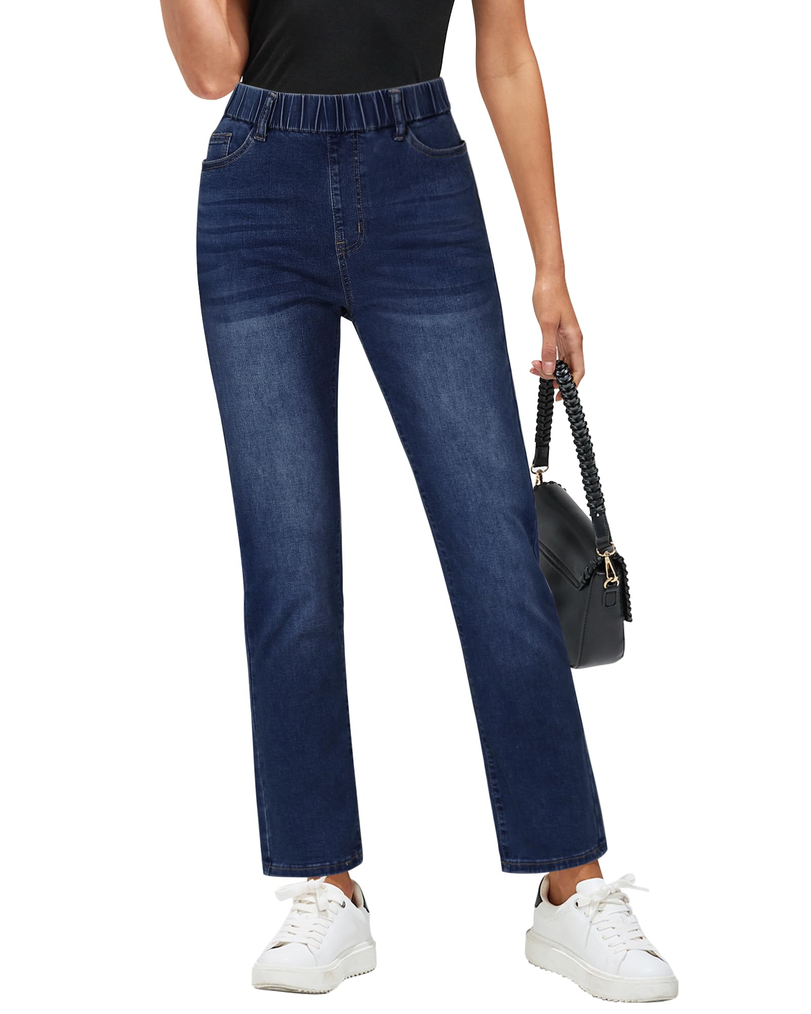 GRAPENT Women's Straight Leg Jeans - High Waisted Pull On Stretchy Denim Pants with Elastic Waist | Trendy Cropped Ankle Length | Perfect for Casual Wear, Office Outfits & Weekend Errands