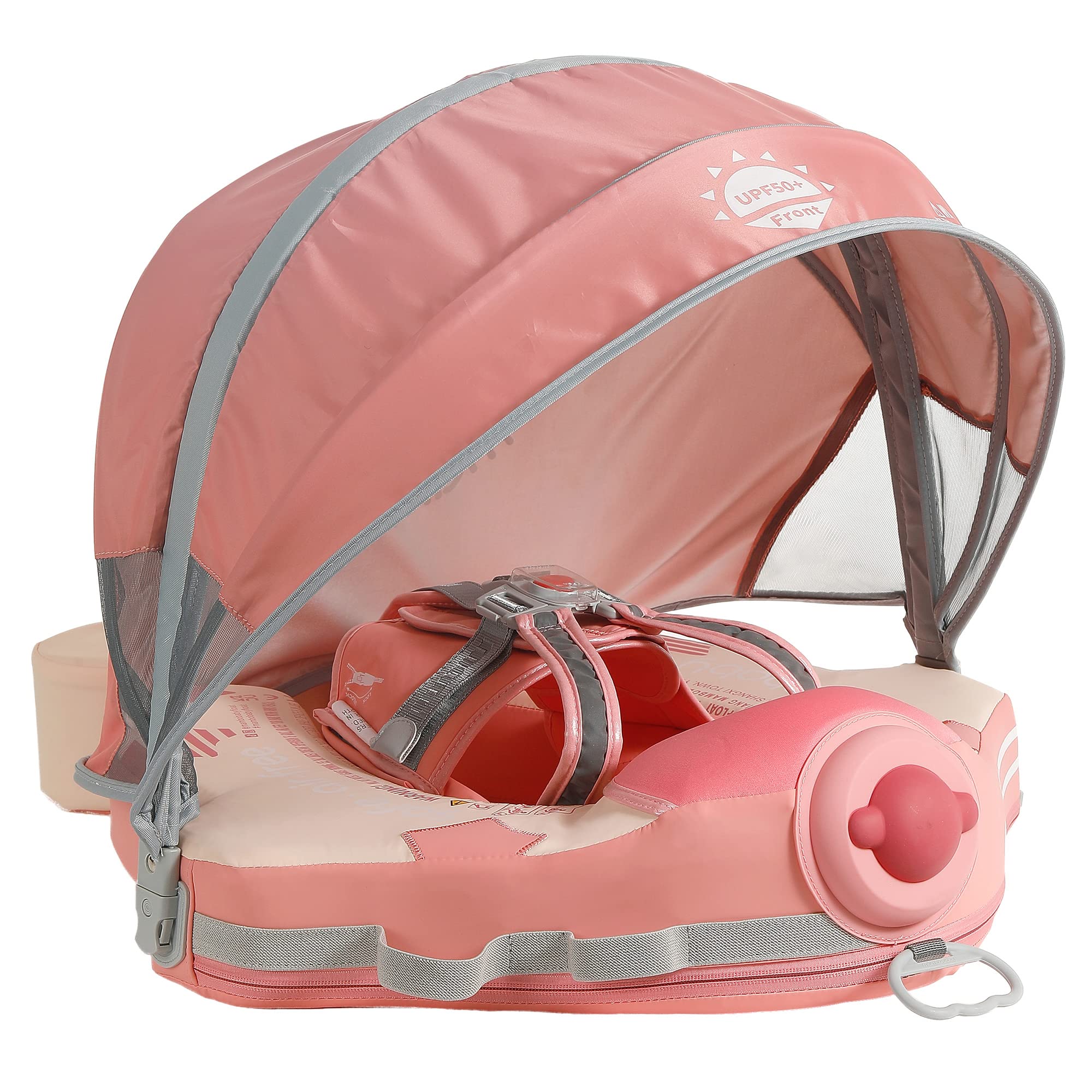 Upgraded Mambobaby Float with Canopy & Adjustable Safety Strap - Non-Inflatable Infant Swim Trainer Waist Ring for Safe Pool Learning (Pink Airplane Design) - Perfect for Baby Swimming Lessons & Summer Water Play