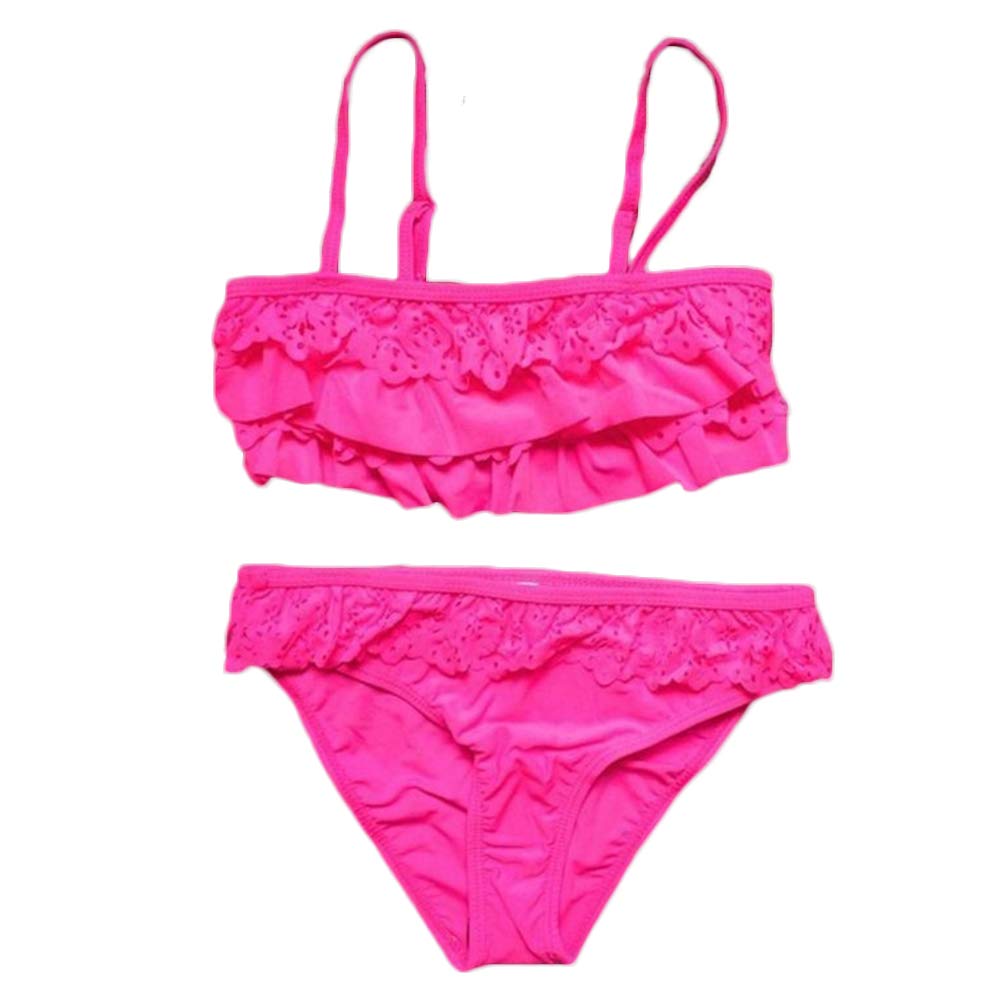 2Pcs Girls' Solid Color Hollow Ruffles Strappy Bikini Swimsuit - Rose Red for 11-12 Years | Beach, Summer Vacation & Pool Wear | Cute Swimwear for Kids