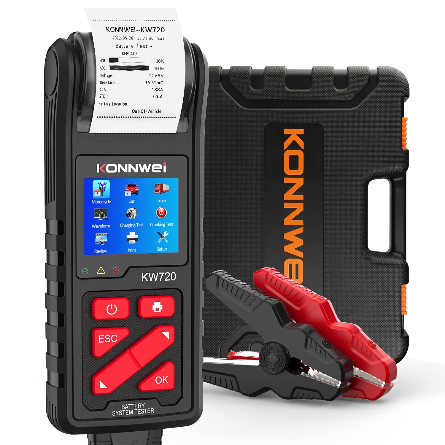 KONNWEI KW720 6V 12V 24V Car Battery Tester with Printer - Digital Auto Battery Analyzer & Alternator Starter Tester for Car, Truck, Motorcycle (100-2000CCA, Includes Paper) - Perfect for DIY Auto Maintenance & Professional Vehicle Diagnostics