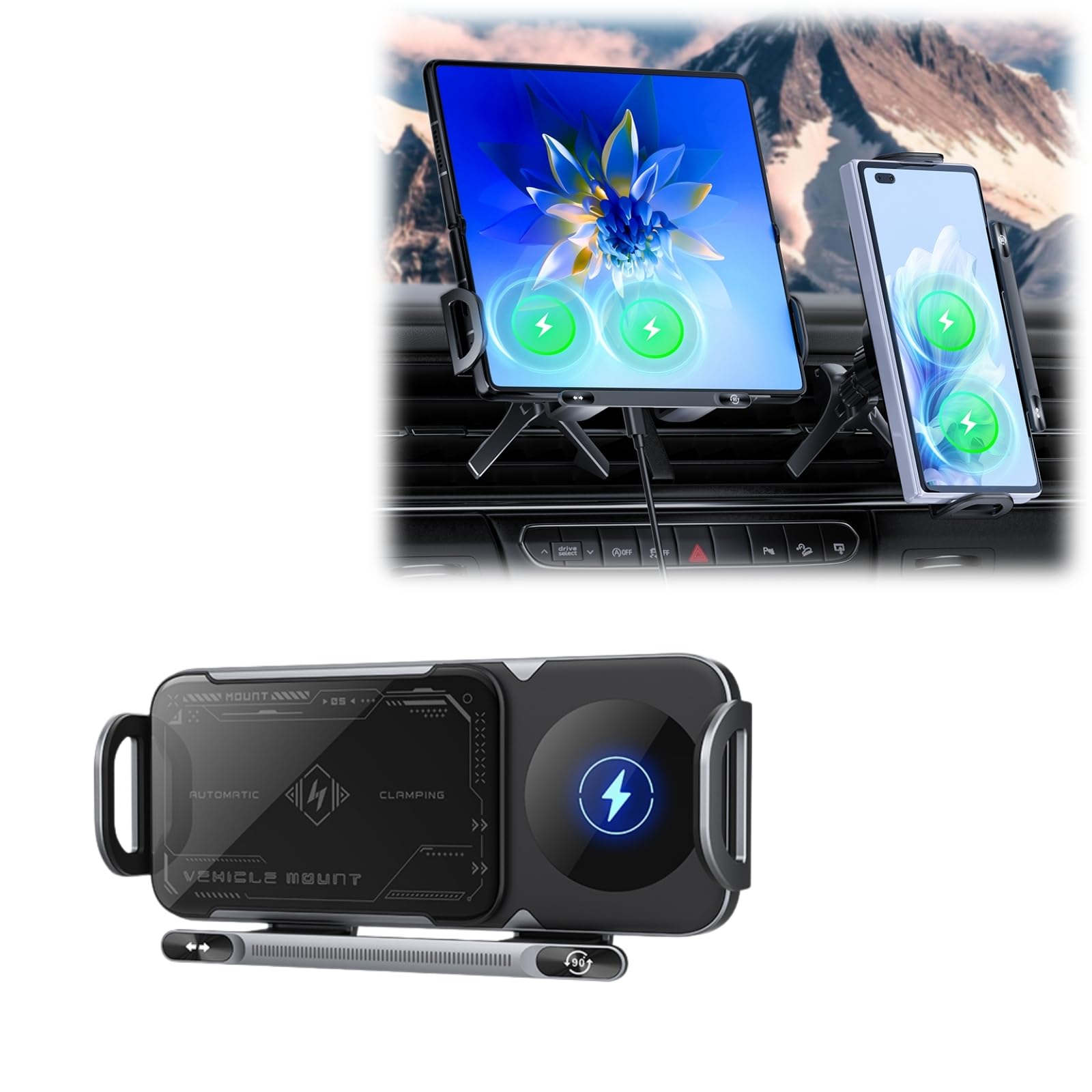 **15W Wireless Car Charger Mount for Samsung Galaxy Z Fold 5/4/3/2 & iPhone 16 Pro Max/15/14/13 - Fast Charging Phone Holder with Vent Clip - Perfect for Folding Screen Phones & Long Road Trips**